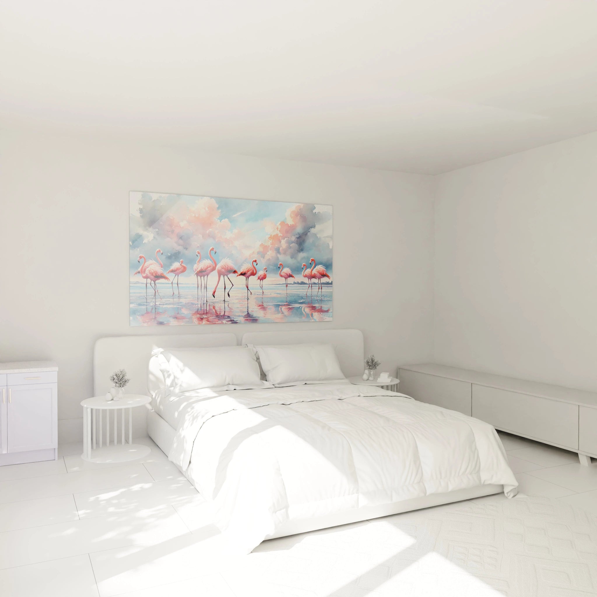 Accroché au-dessus du lit, ce tableau flamand rose crée une ambiance paisible et relaxante. L'élégance de ses couleurs douces transforme votre chambre.