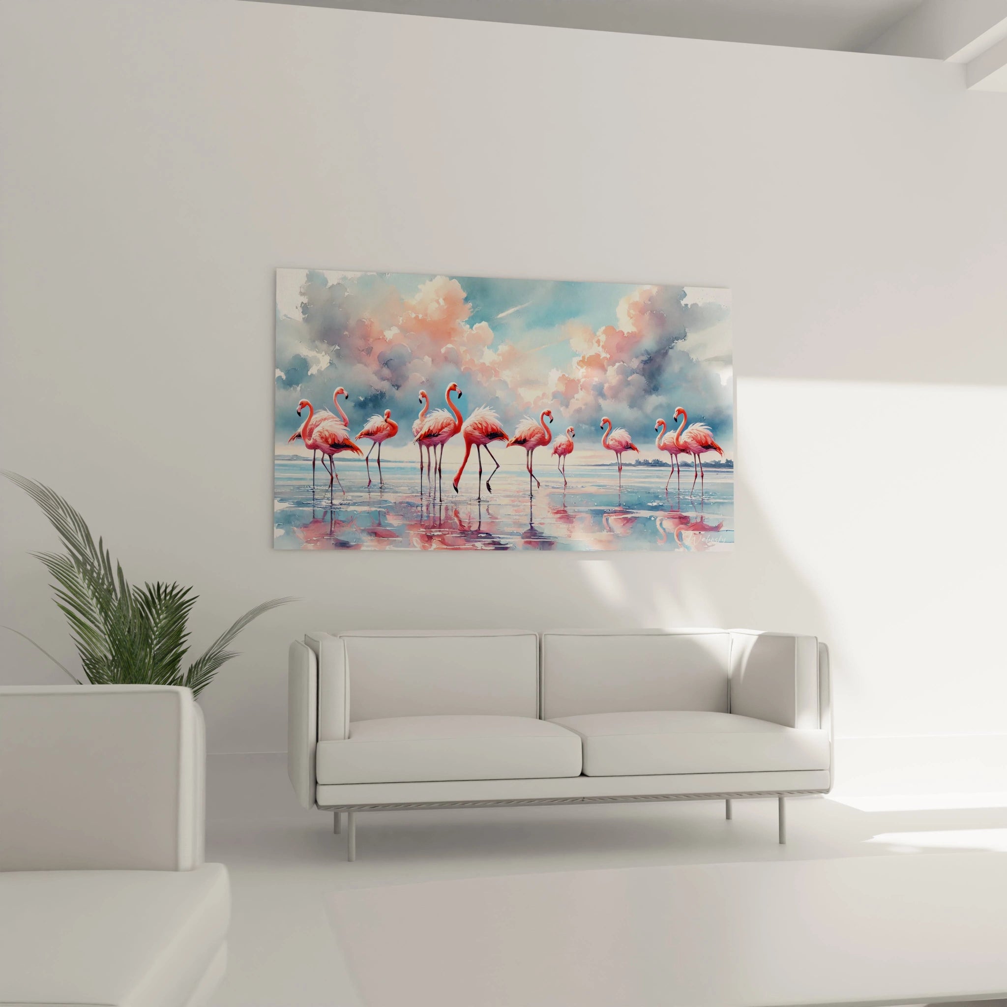 Ce tableau flamand rose rehausse votre salon avec sa beauté exotique. Son reflet dans l'eau apporte une dimension artistique au-dessus de votre canapé.