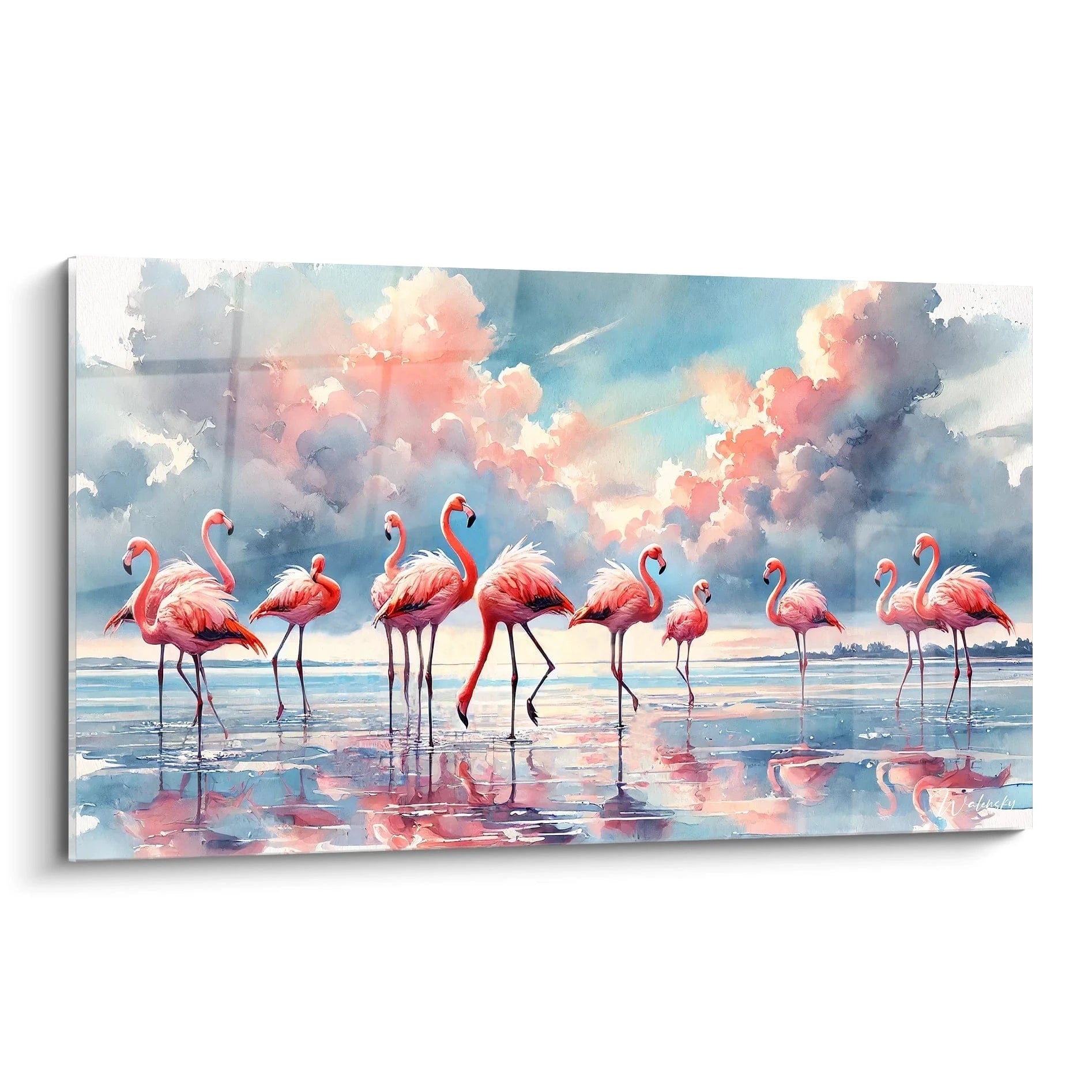 Ce tableau flamand rose présente une scène onirique avec des flamants élégants se reflétant dans l'eau. Apportez une touche de sérénité à votre décor.