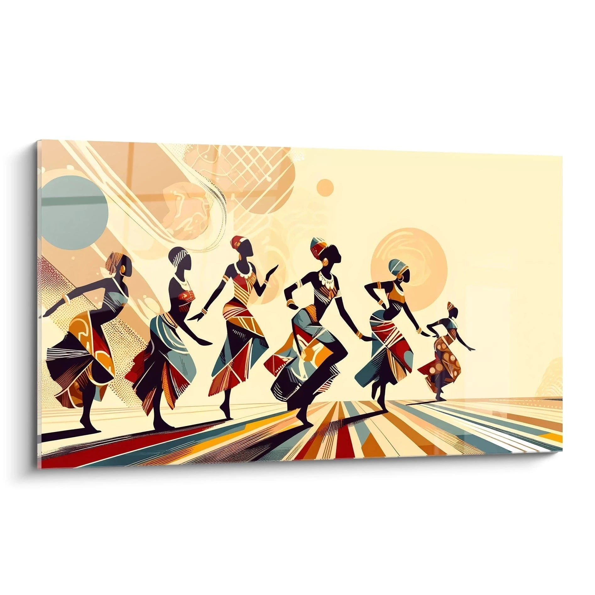 tableau africain vu de biais présentant des silhouettes dansantes sur des teintes chaudes marron orange et beige avec des motifs géométriques modernes et une profondeur vibrante
