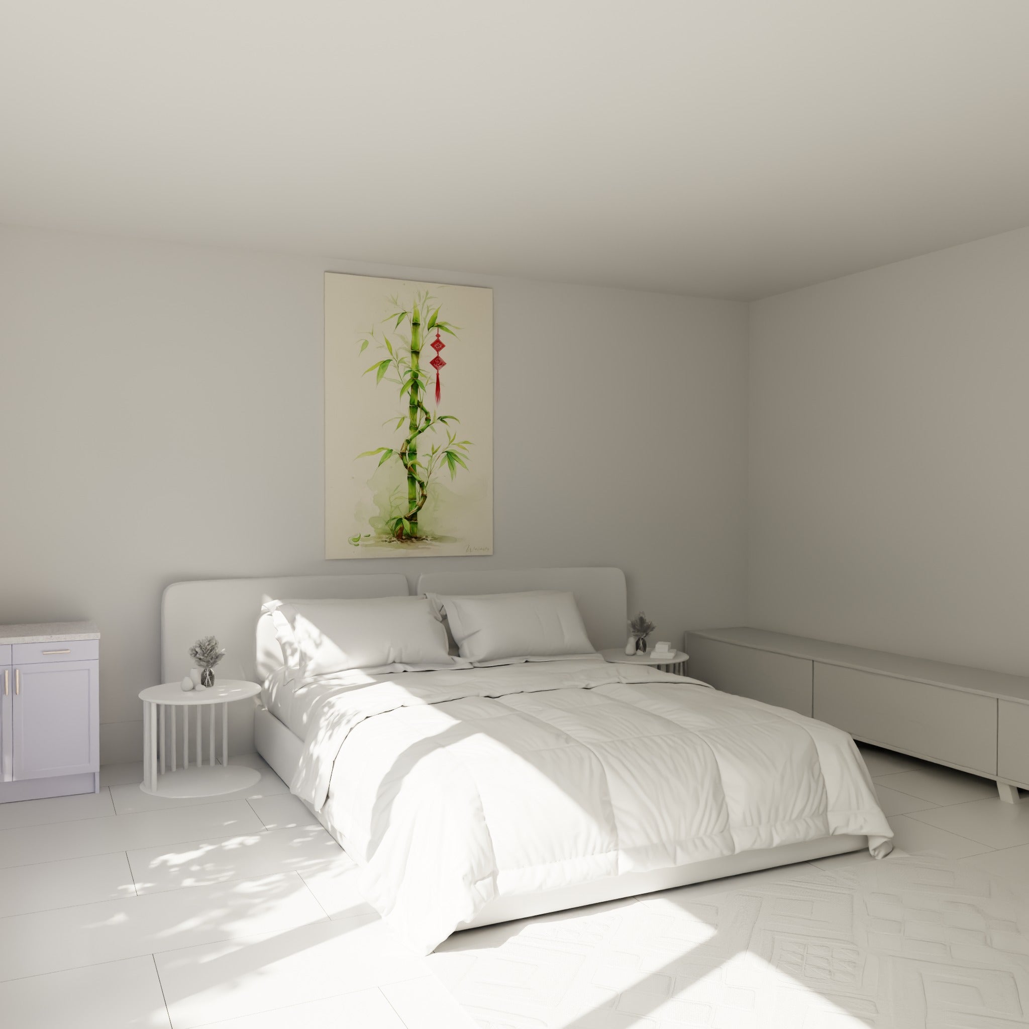 Bambou vert tendre et pendentif rouge peints à l'aquarelle, au-dessus d'un lit dans une chambre claire