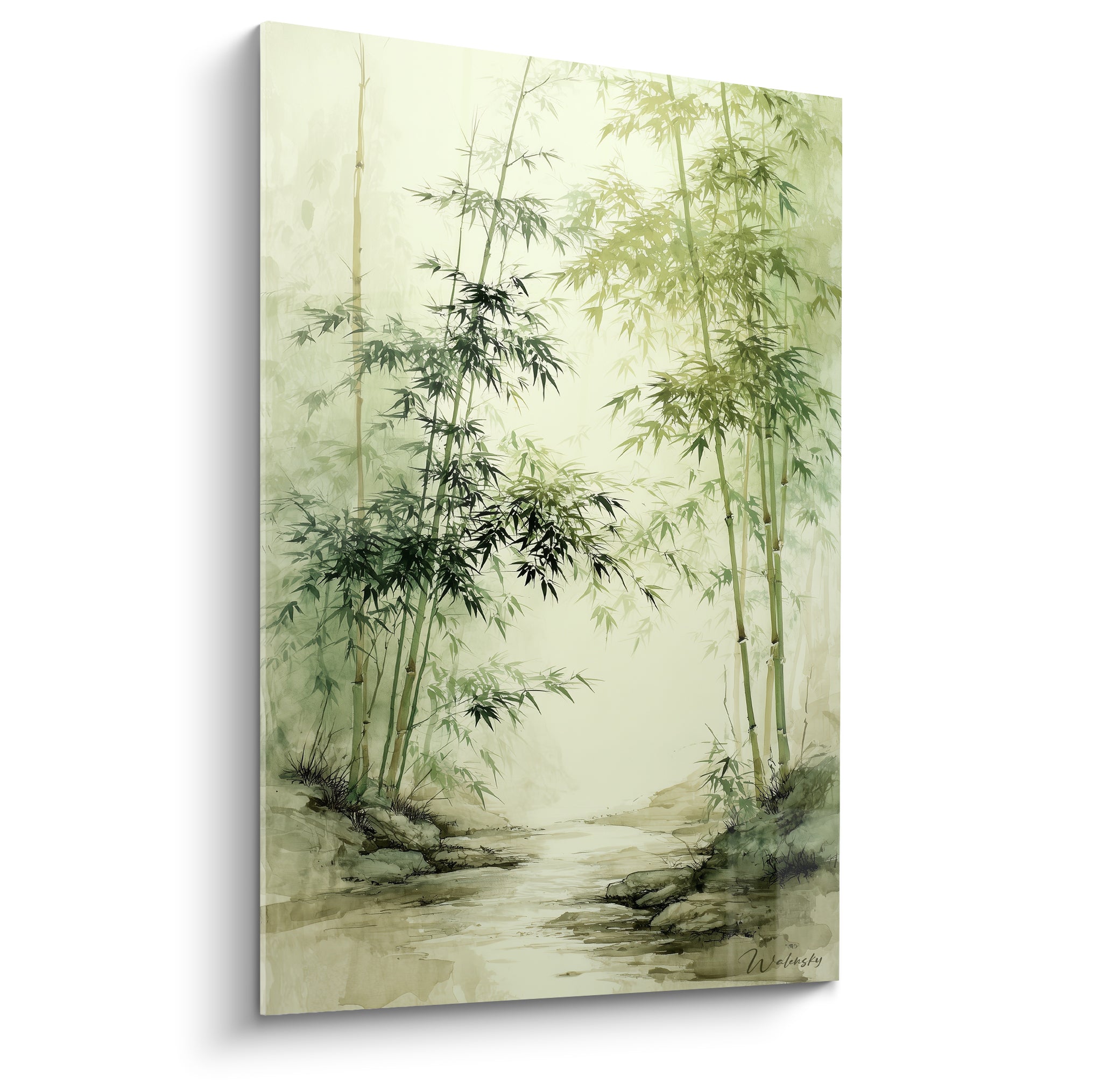 Bambou aquarelle vert sauge et beige, tiges élancées près d'un ruisseau brumeux