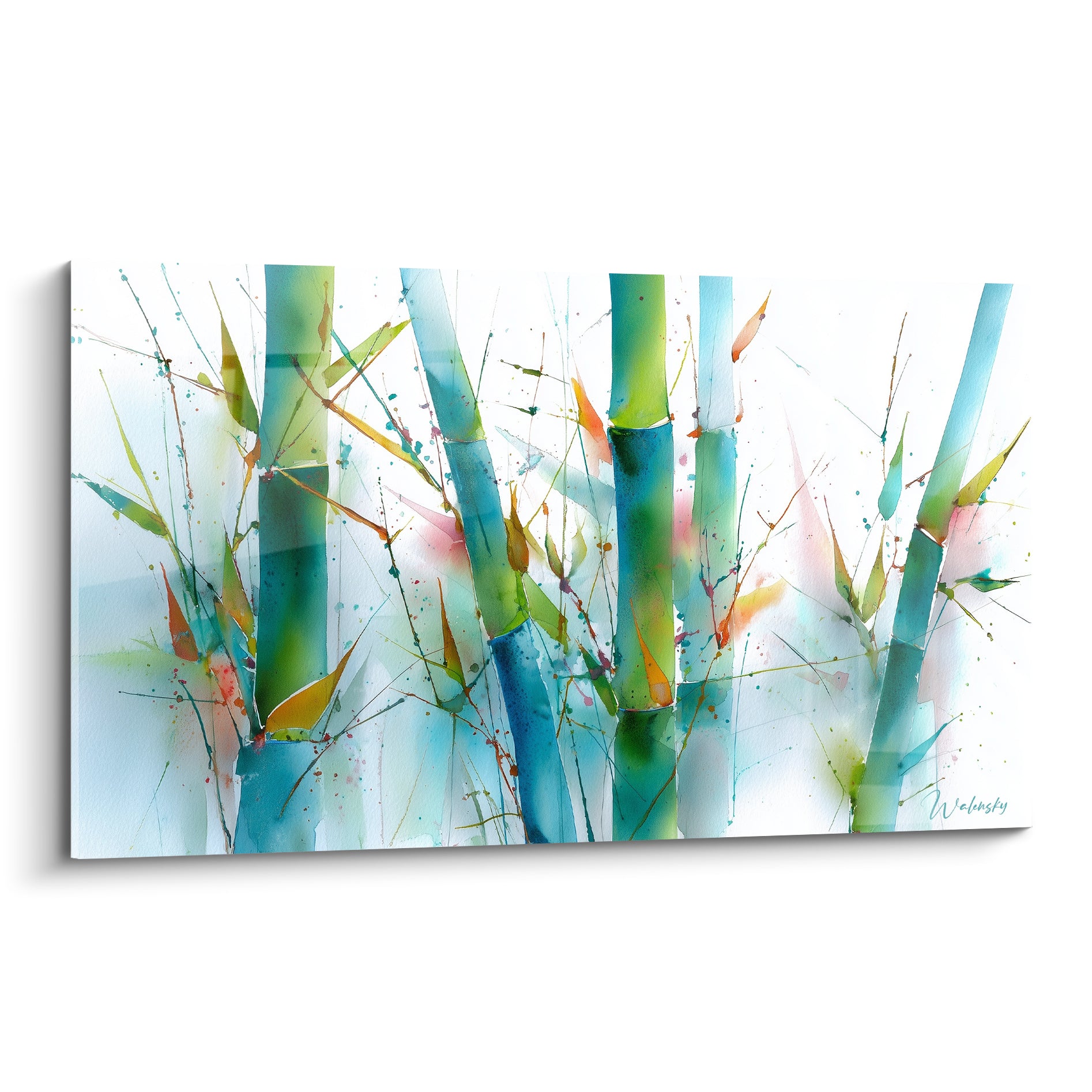 Bambou aux tiges vertes et turquoise peintes en aquarelle sur fond blanc lumineux