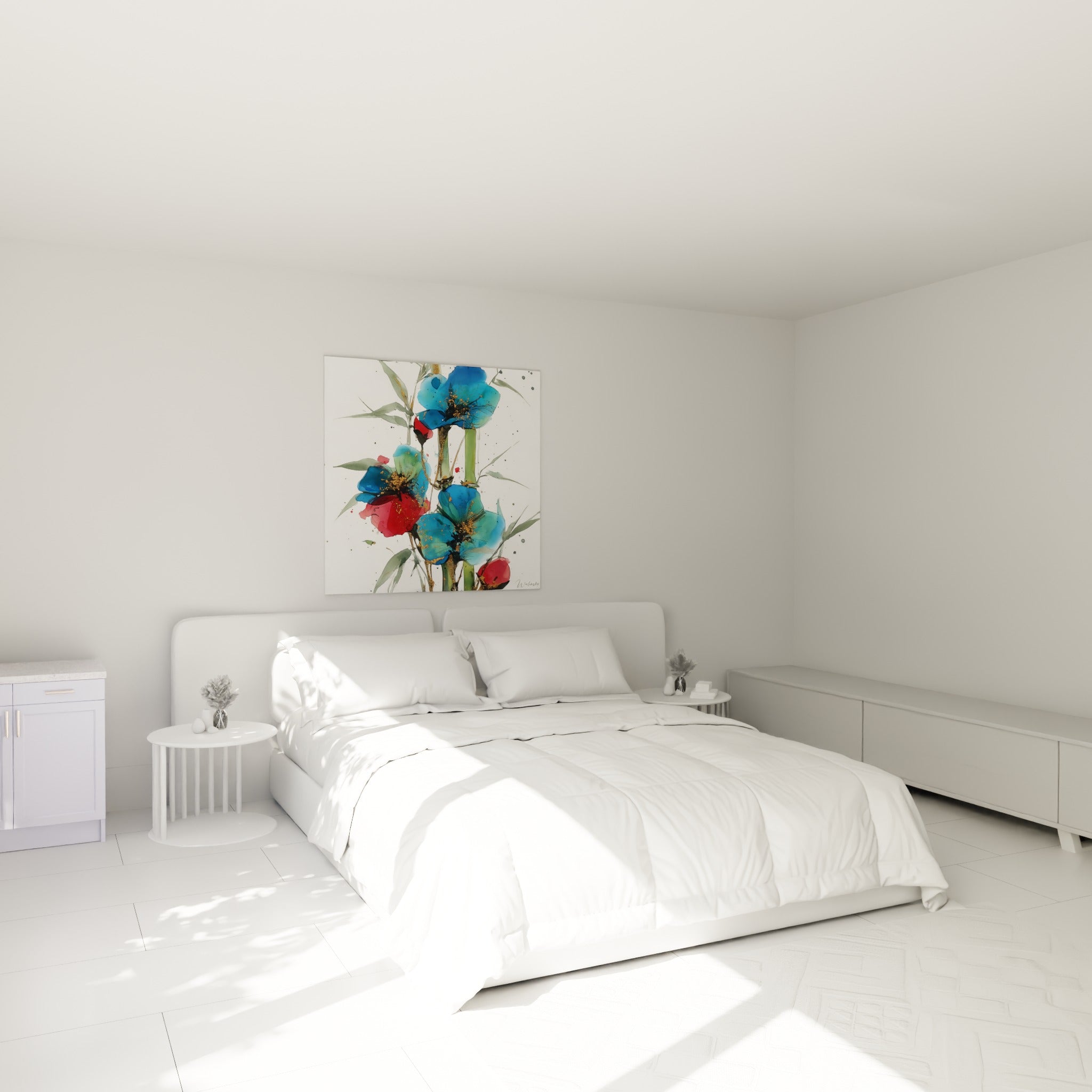 Bouquet bambou bleu turquoise et doré, pétales éclatés, au-dessus d'un lit dans une chambre claire