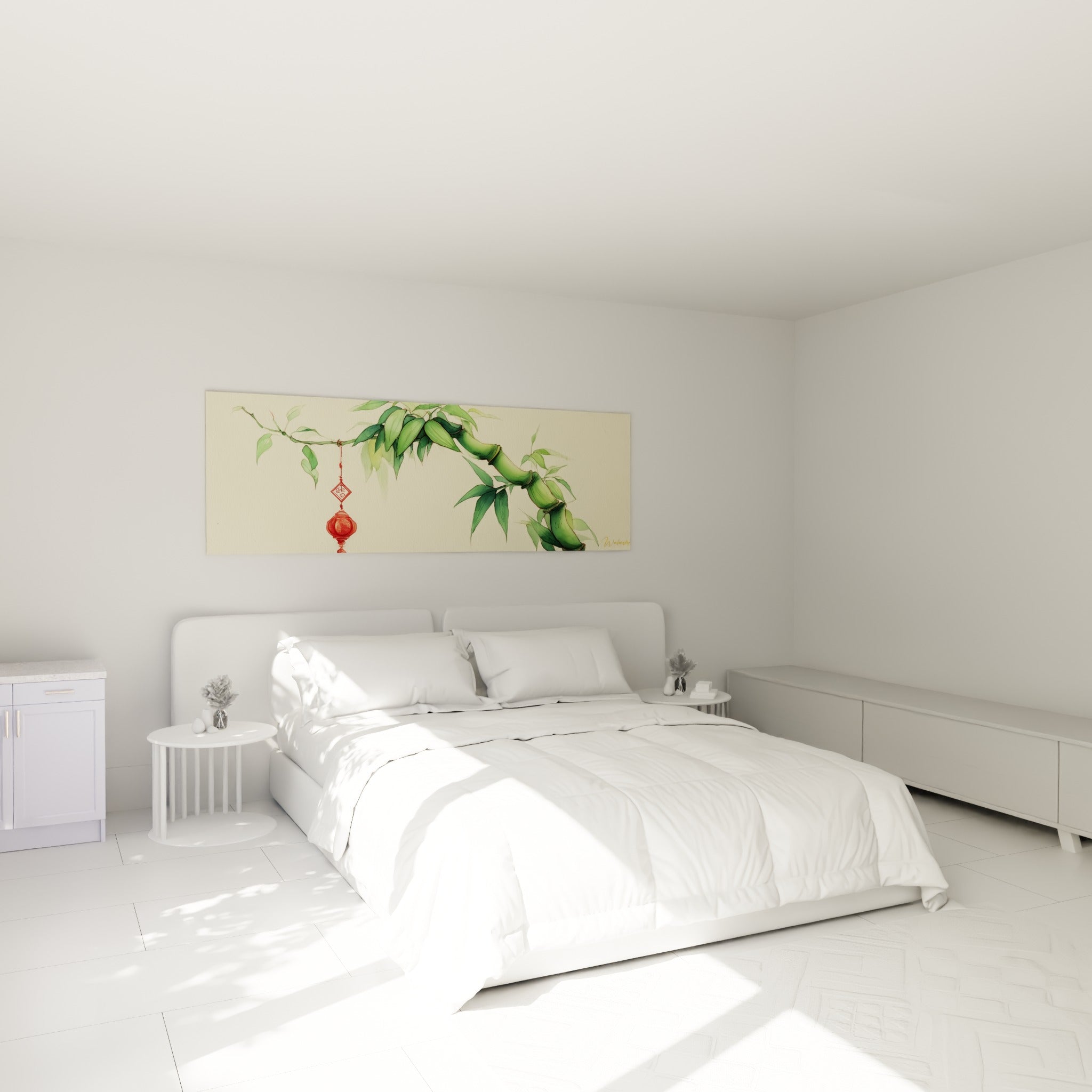 Tige de bambou vert et lanterne rouge suspendue, au-dessus d'un lit dans une chambre claire