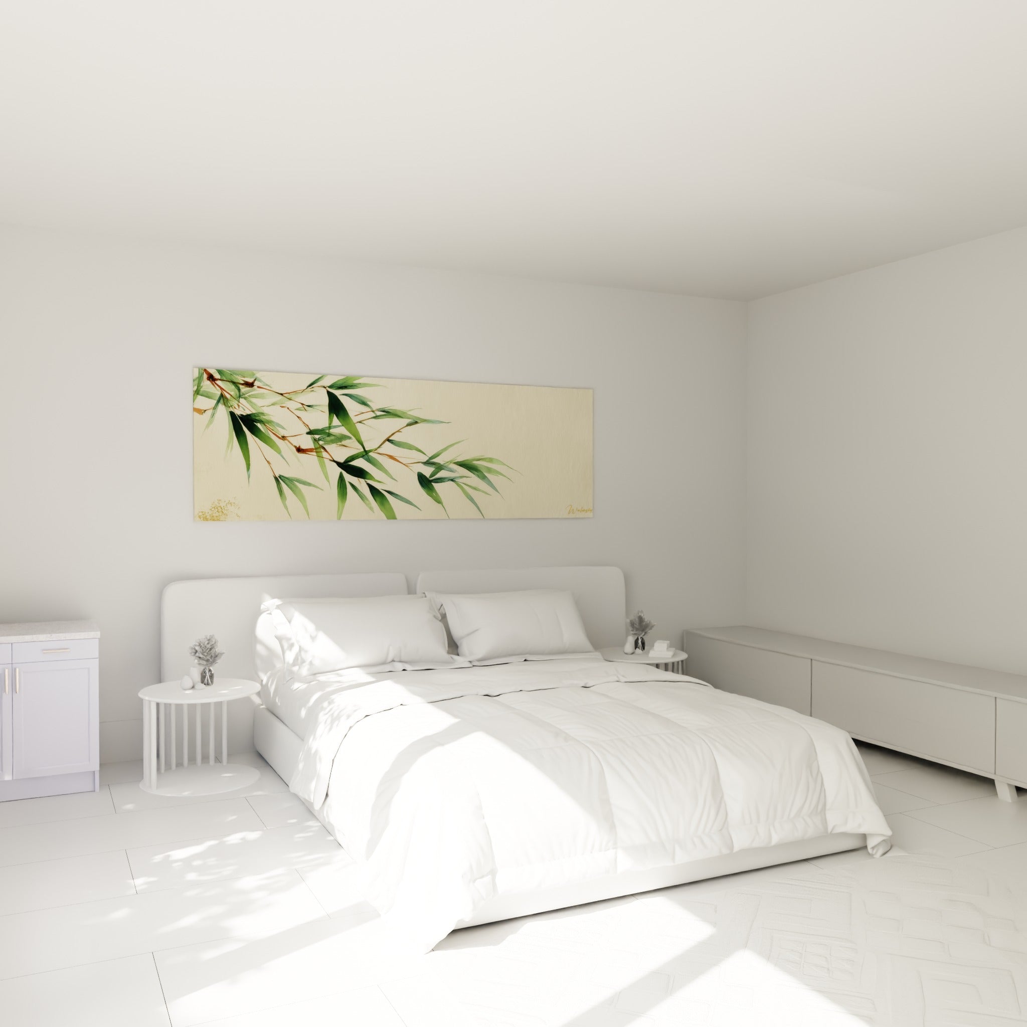 Feuilles de bambou vertes et brun-roux flottant sur fond ivoire, au-dessus d'un lit dans une chambre claire