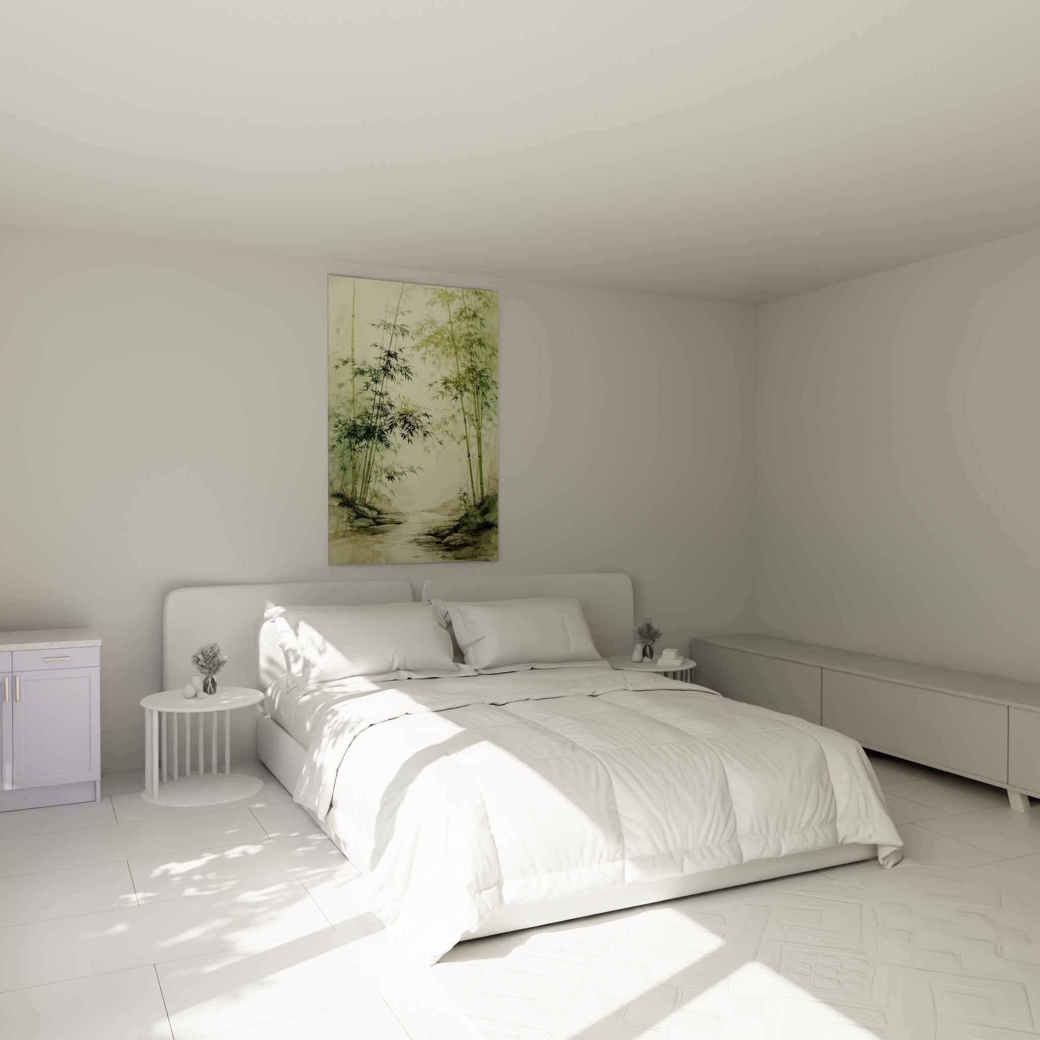 Bambouseraie verte et crème traversée d'un cours d'eau, au-dessus d'un lit dans une chambre claire