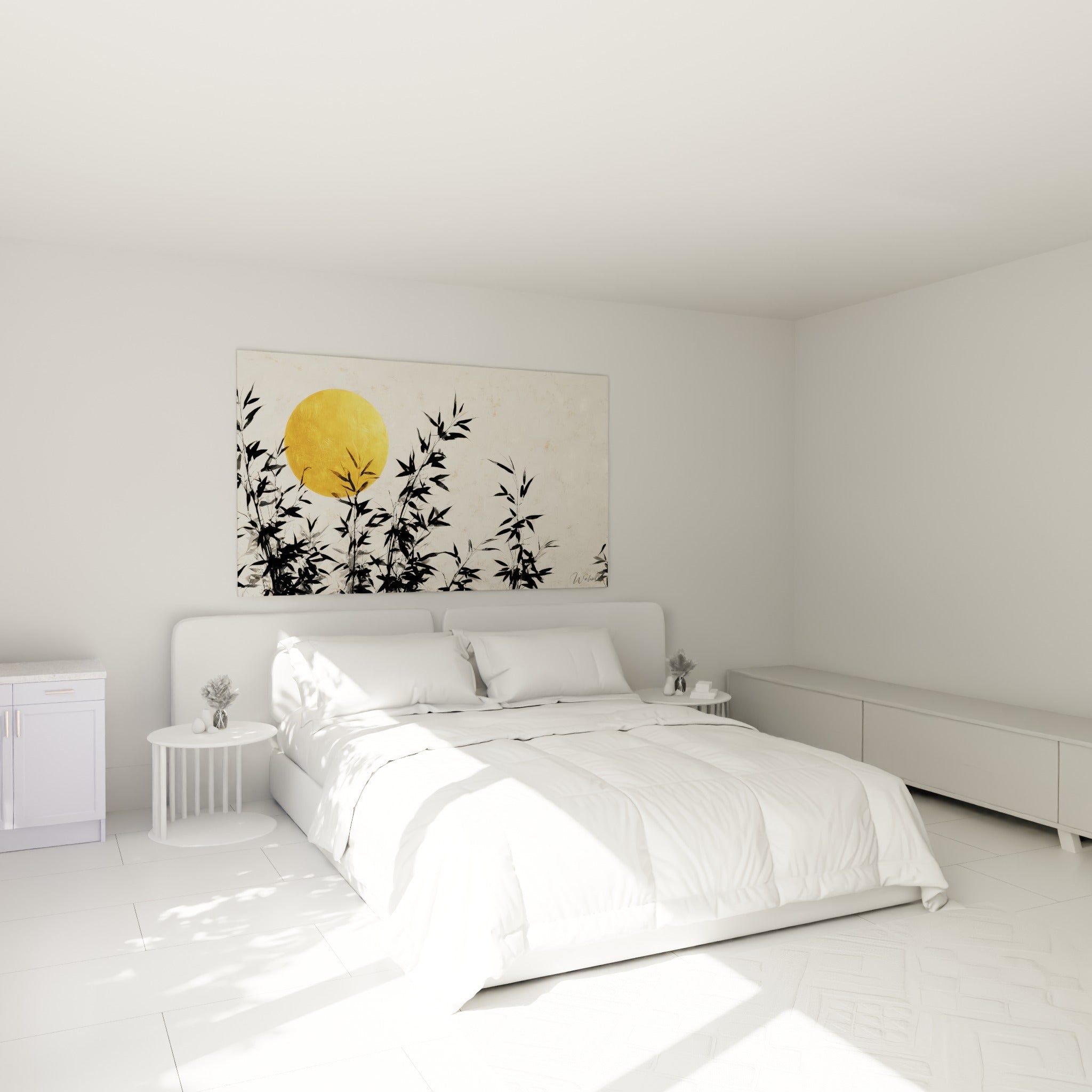 Silhouettes de bambou noir et disque doré, tableau accroché au-dessus d'un lit dans une chambre claire