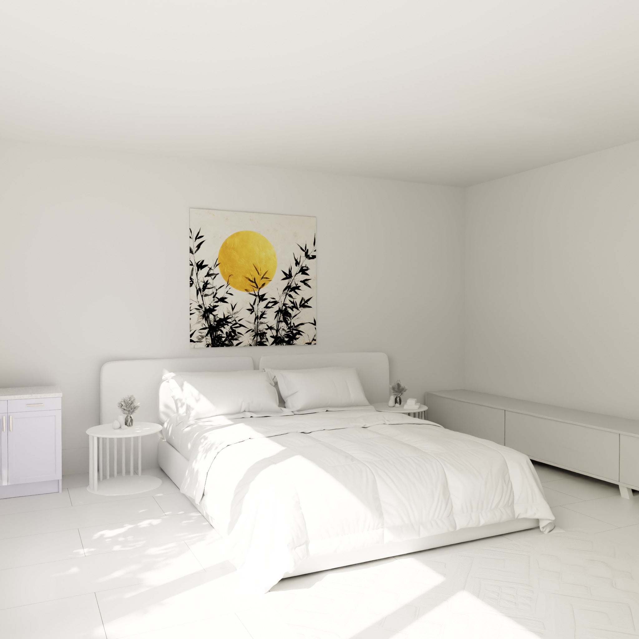 Silhouettes de bambou noires et soleil doré illuminant l'espace, accrochées au-dessus d'un lit dans une chambre claire