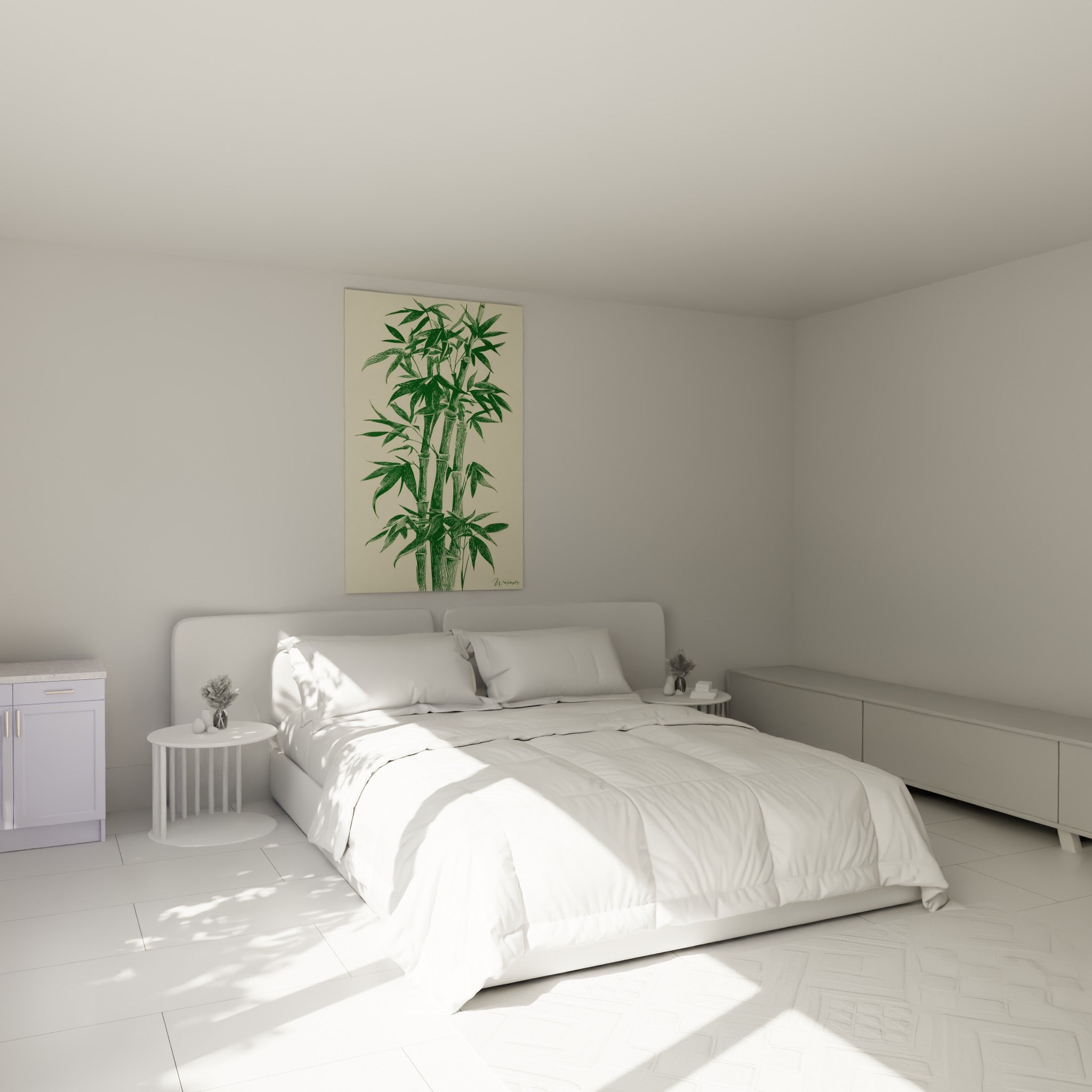 Tiges de bambou vert foncé sur fond ivoire, accrochées au-dessus d'un lit dans une chambre claire