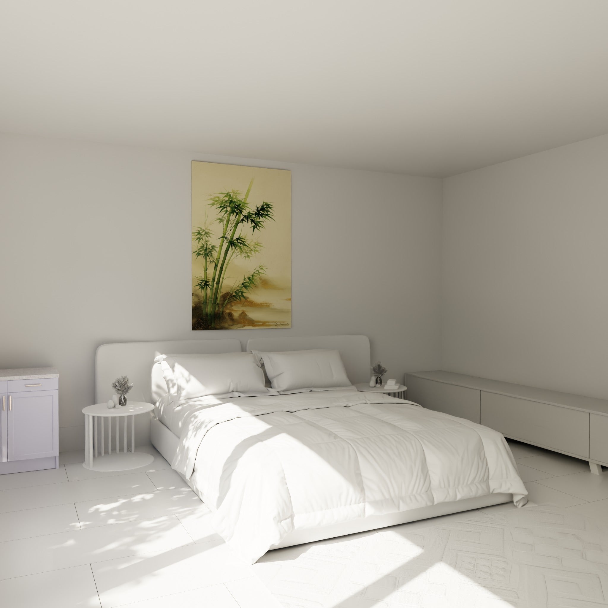 Tiges de bambou vert sur fond crème doré, accrochées au-dessus d'un lit dans une chambre claire