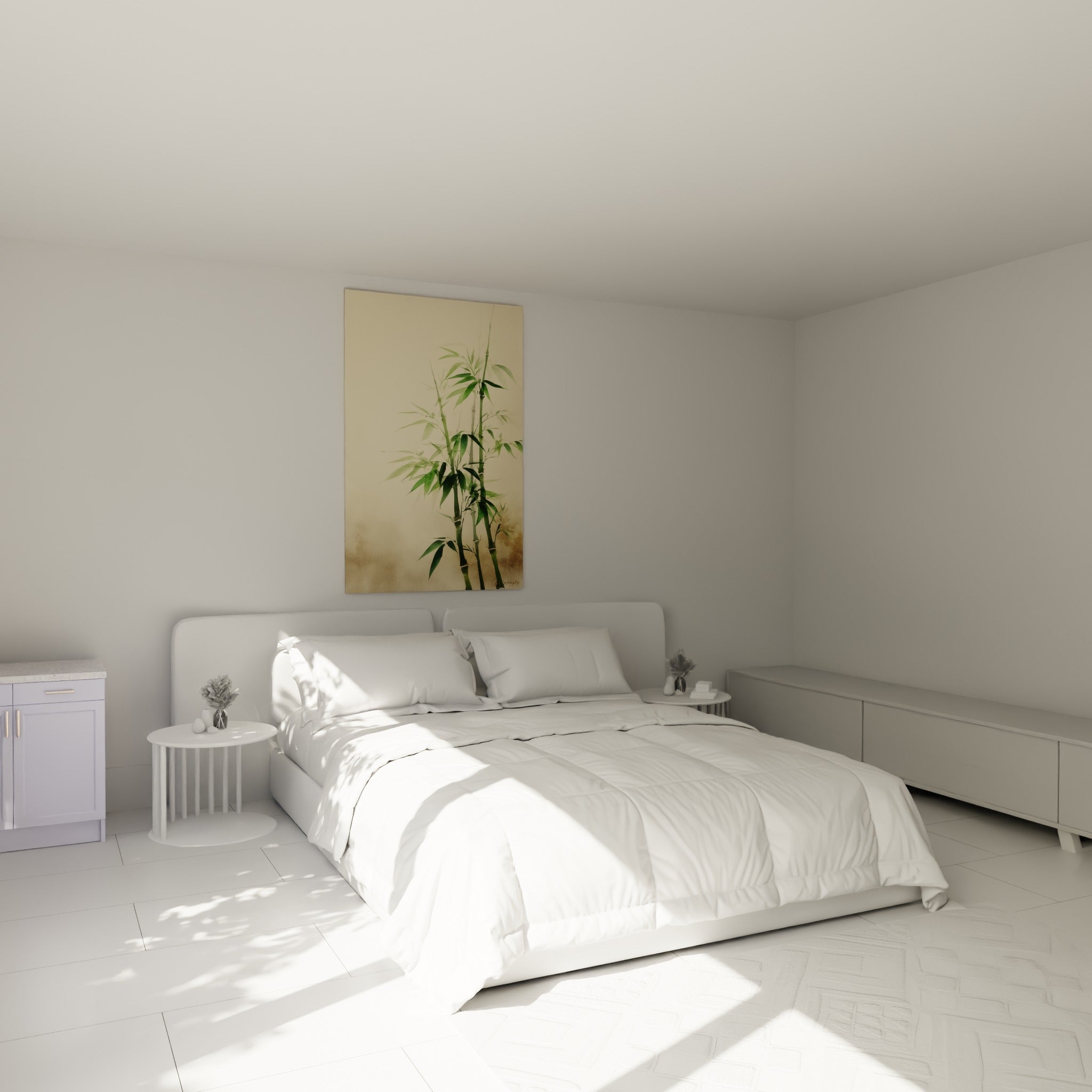 Tiges de bambou vert sauge et beige délicat, accrochées au-dessus d'un lit dans une chambre claire