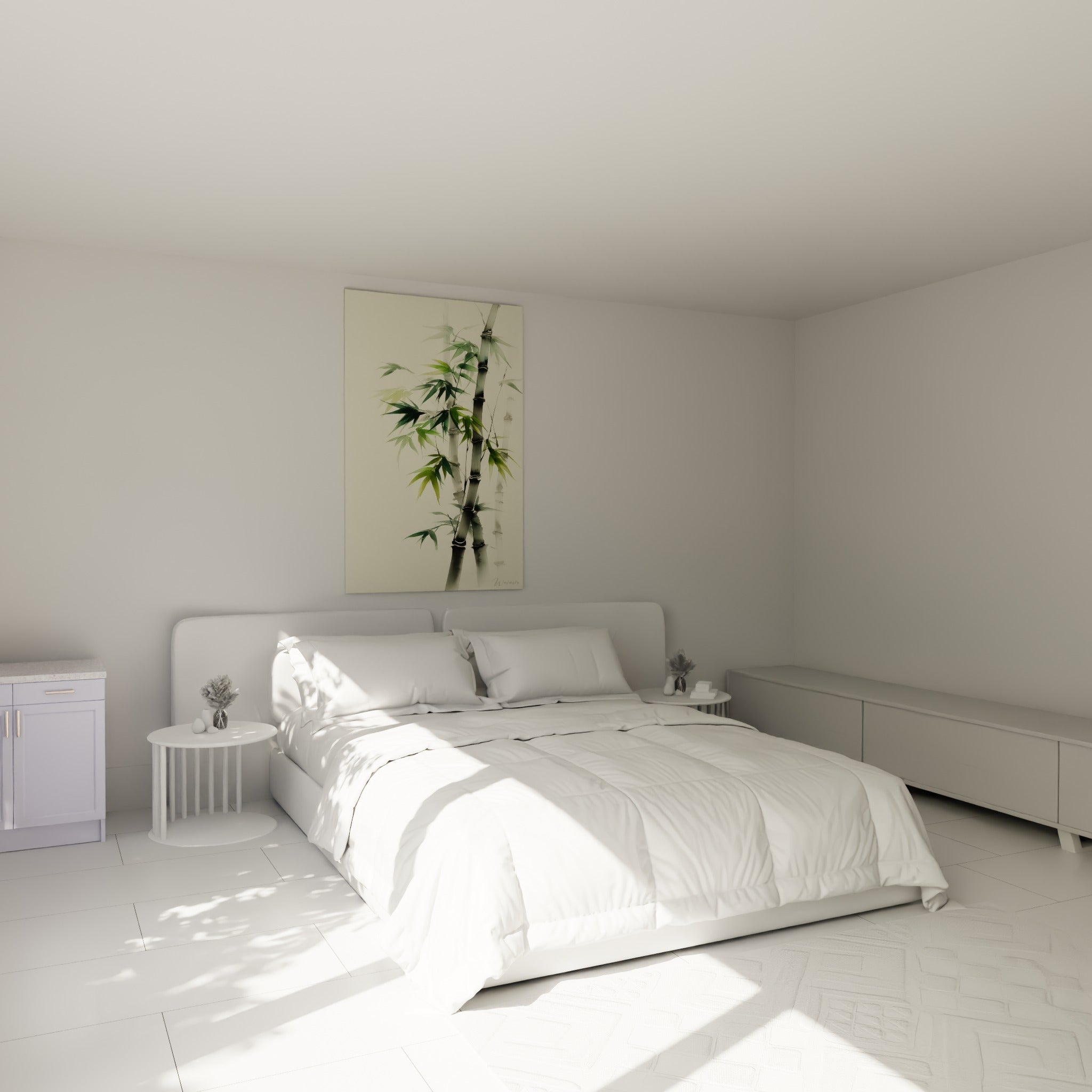 Tiges de bambou vert tendre et gris fumé accrochées au-dessus d'un lit dans une chambre claire