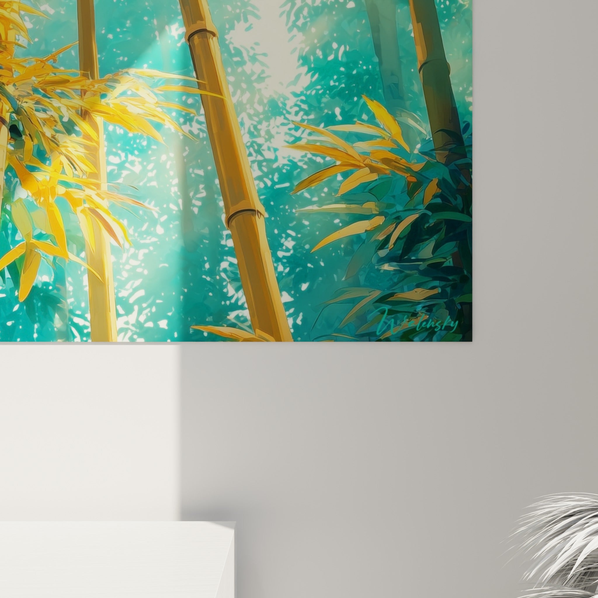 Détail des tiges dorées et du feuillage turquoise montrant les nuances fondues et la matière picturale