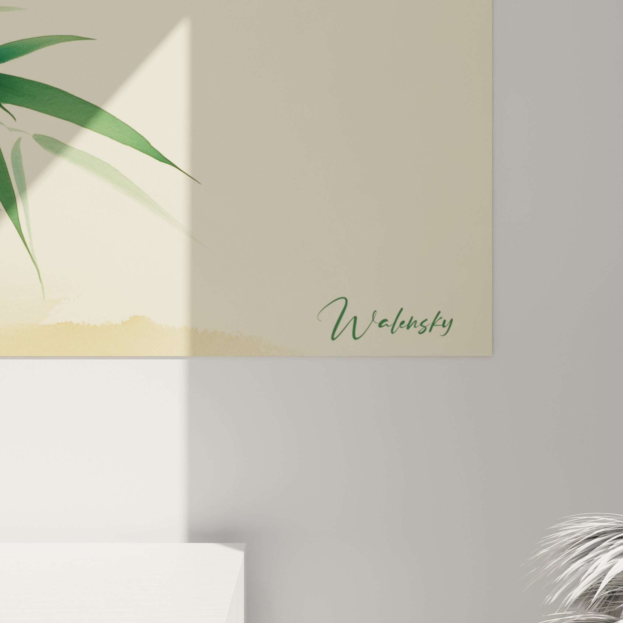 Détail des feuilles de bambou vert sombre et vert tendre où l'aquarelle se fond sur le beige