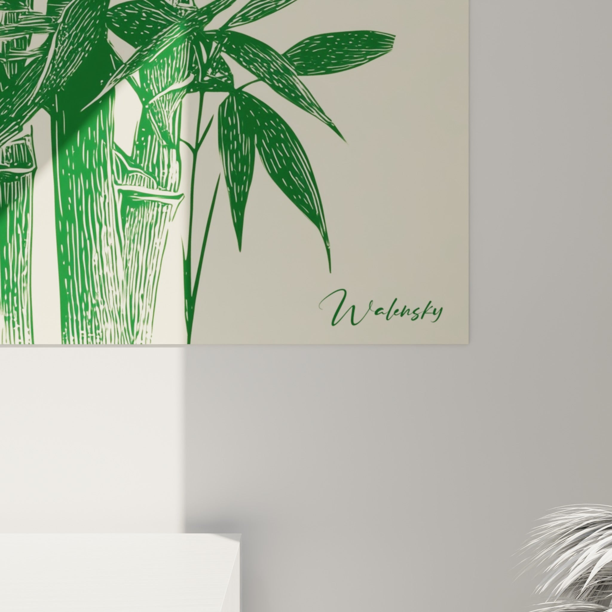 Détail des hachures vert sapin et du grain de l'impression sur fond ivoire du tableau bambou