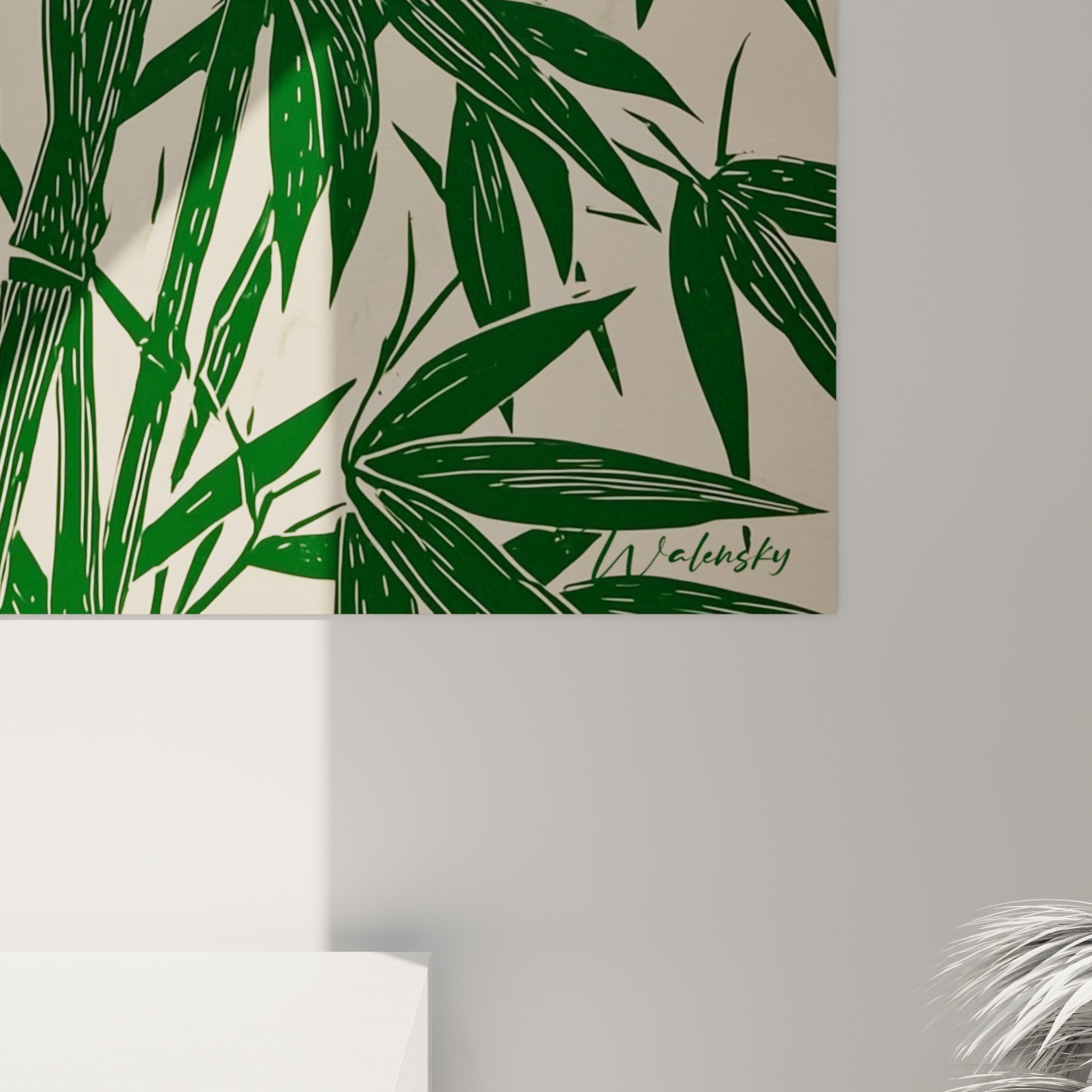 Grain de l'impression révélant les hachures vertes du bambou et le contraste net avec le fond écru