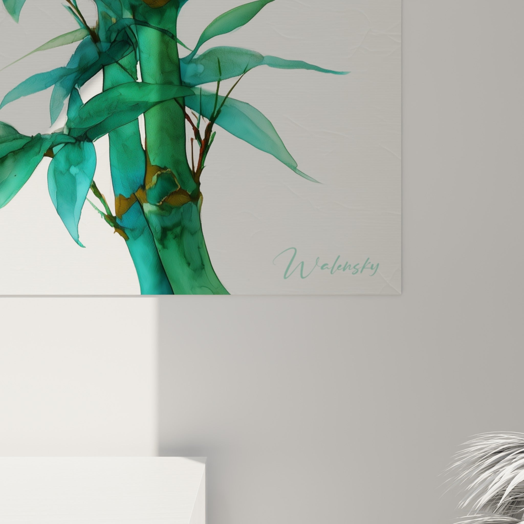 Détail des nœuds ocre et des feuilles turquoise du bambou révélant le grain de la toile