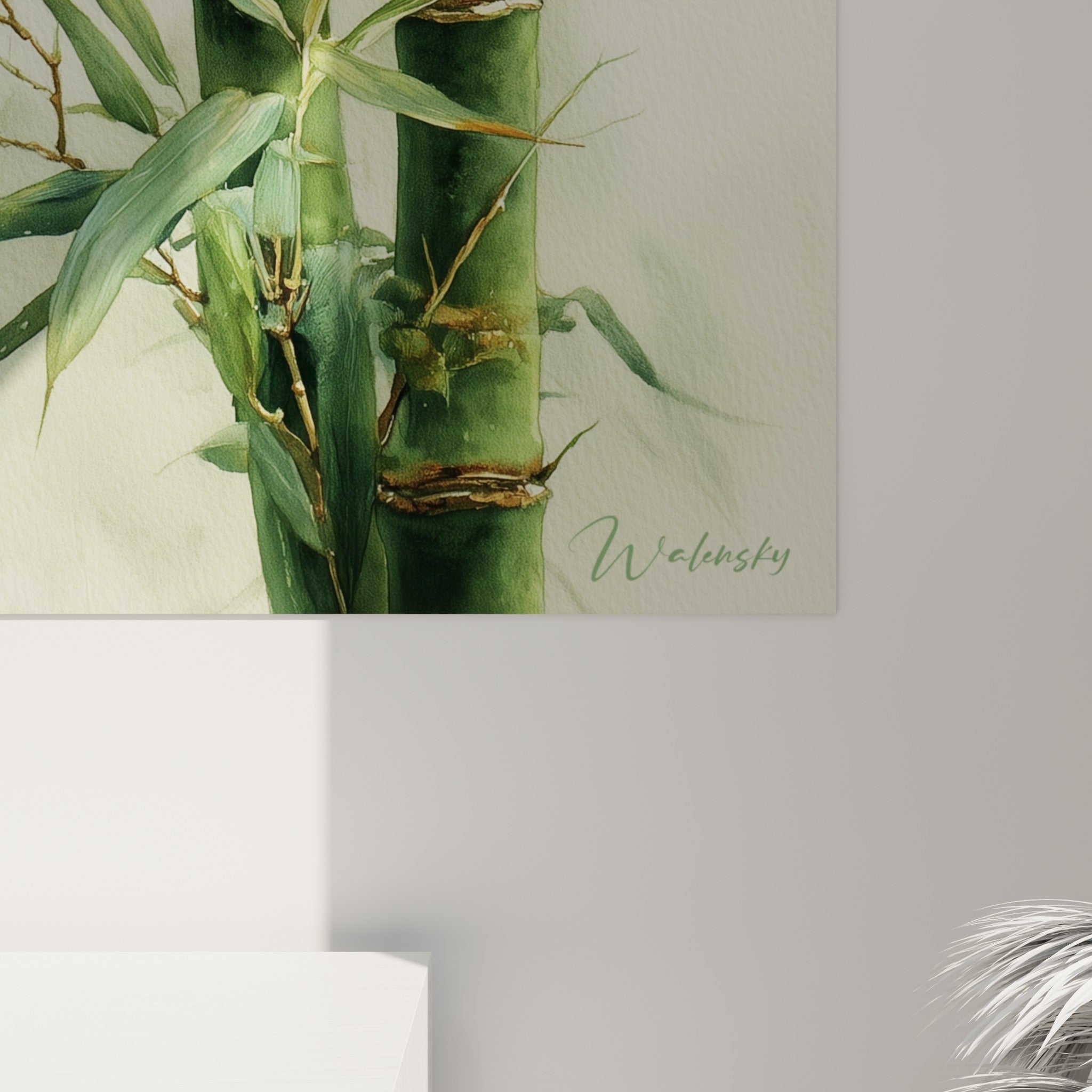Détail du bambou révélant les empâtements aquarelle en vert émeraude et nœuds bruns texturés