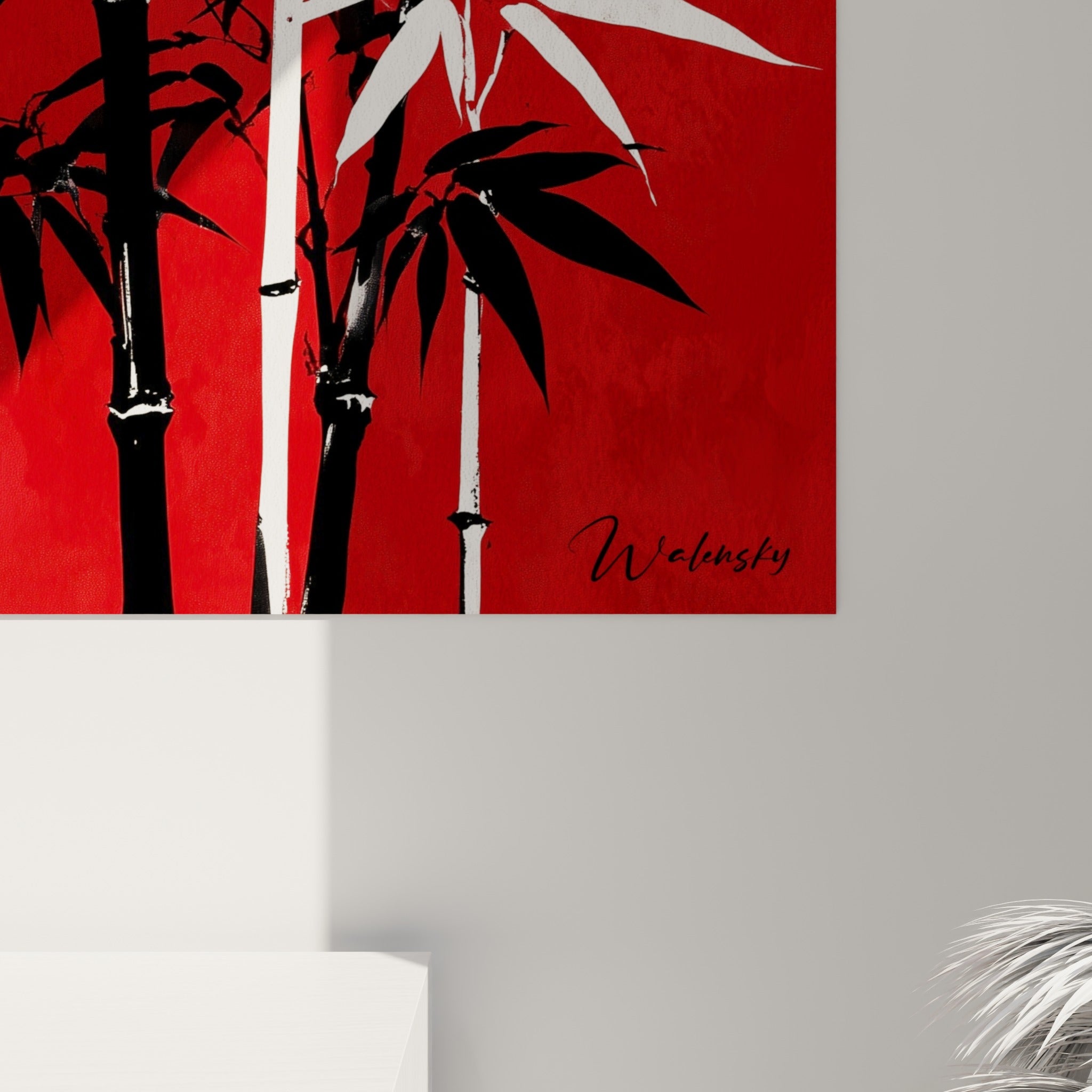 Détail des empâtements noirs et blancs du bambou révélant le grain rouge laqué du support