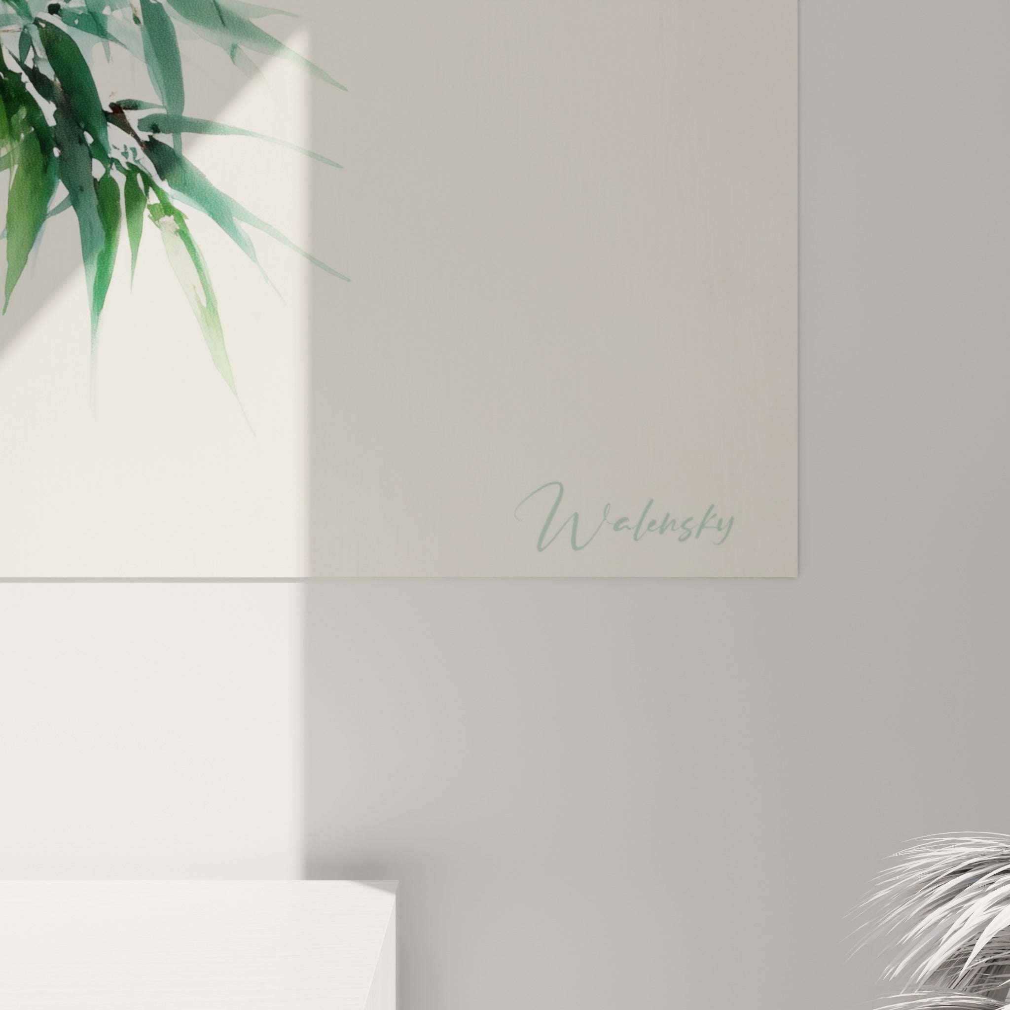 Détail des feuilles de bambou vert et des nœuds bruns révélant la texture aquarelle de la toile
