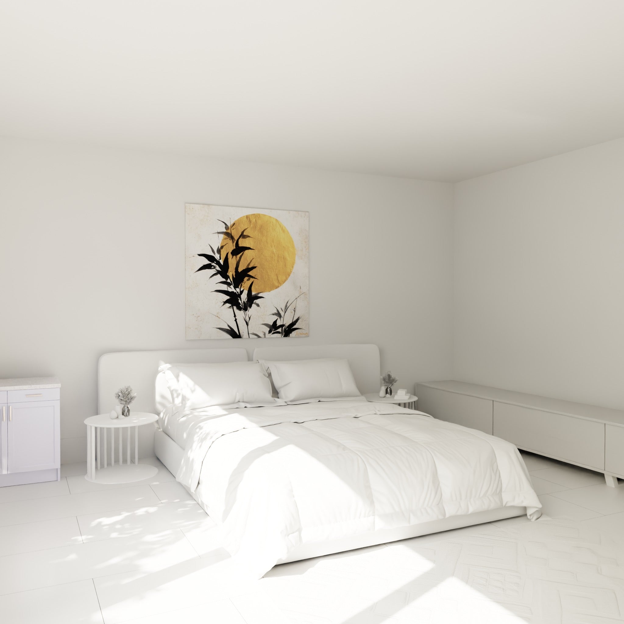 Silhouette de bambou noir et disque doré éclatant, au-dessus d'un lit dans une chambre claire