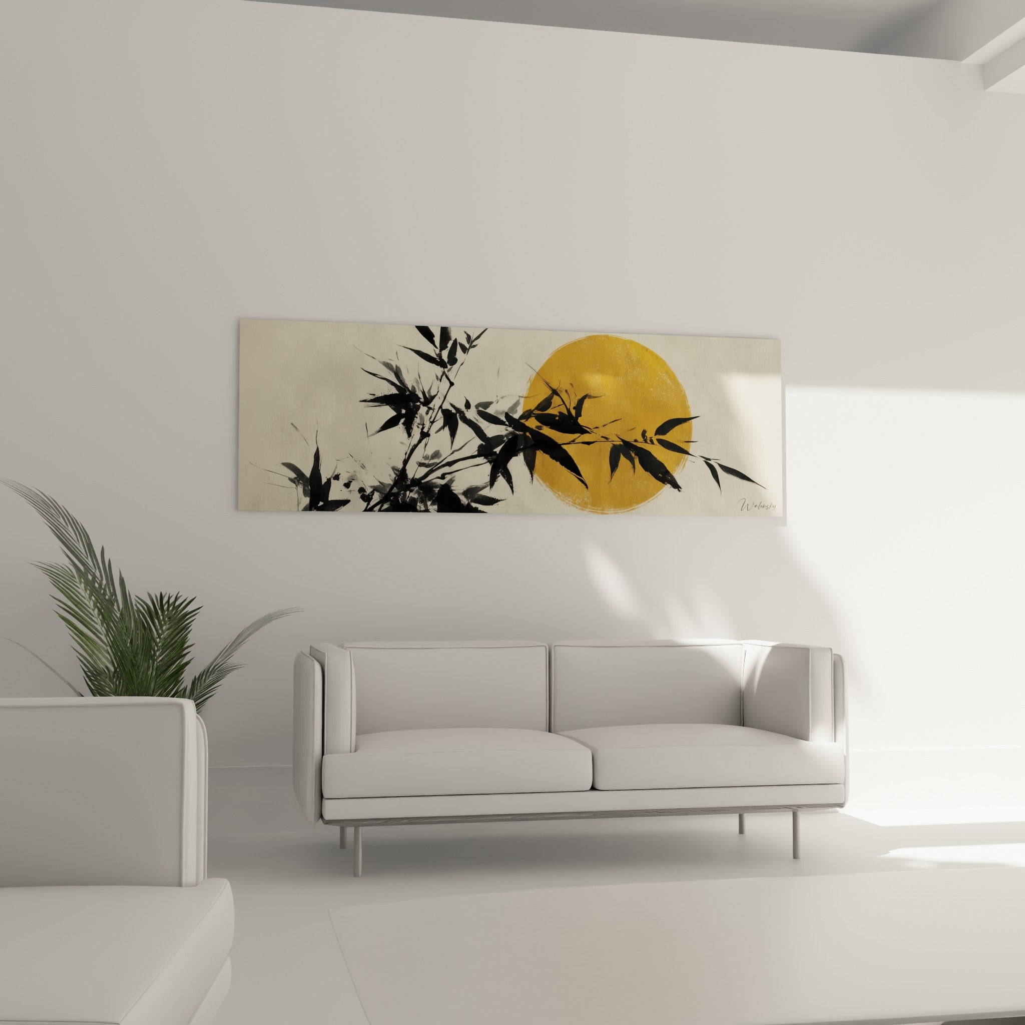 Silhouette de bambou anthracite et disque doré au-dessus d'un canapé dans un salon lumineux
