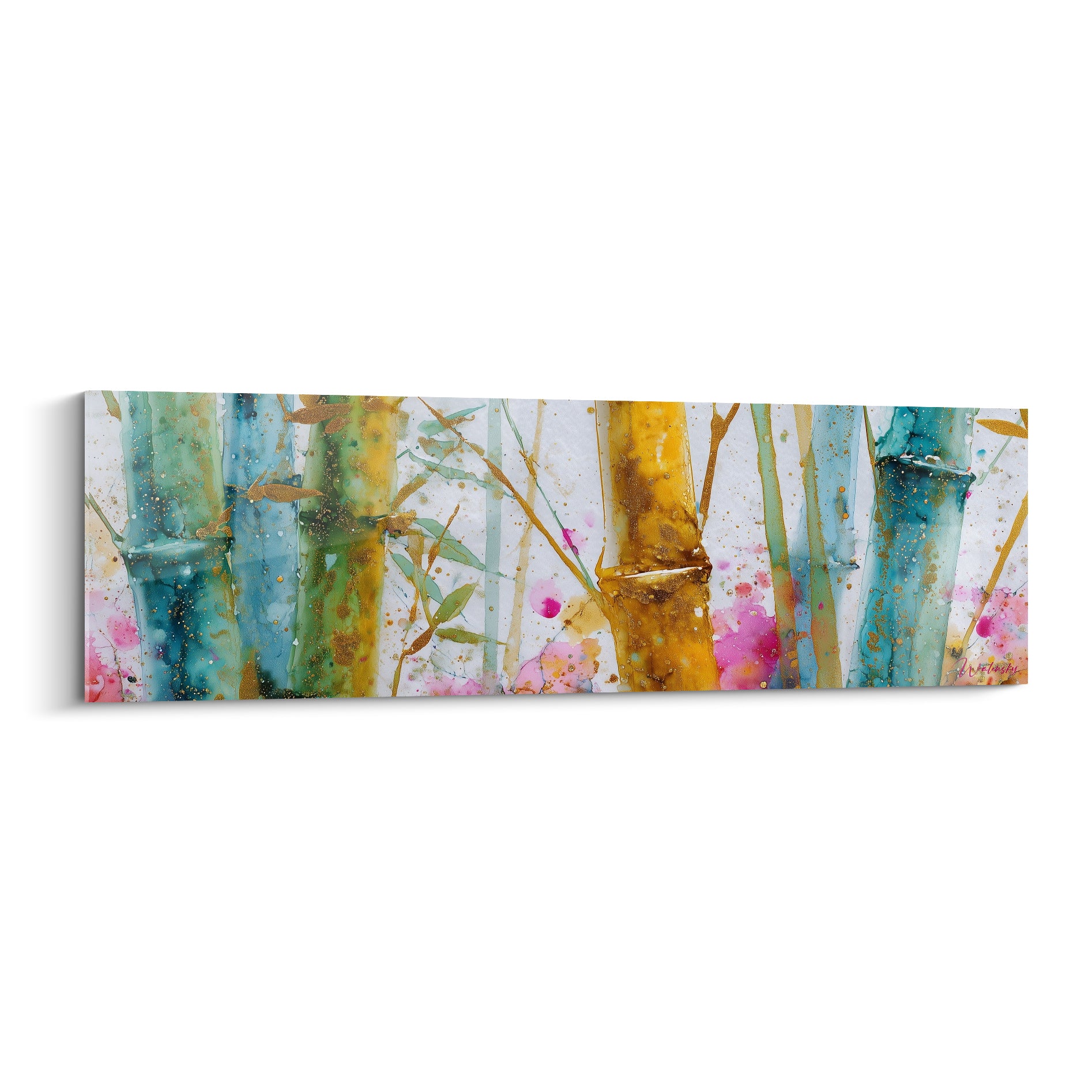Bambou aux tiges dorées et bleu sarcelle, éclaboussures roses sur fond blanc aquarelle