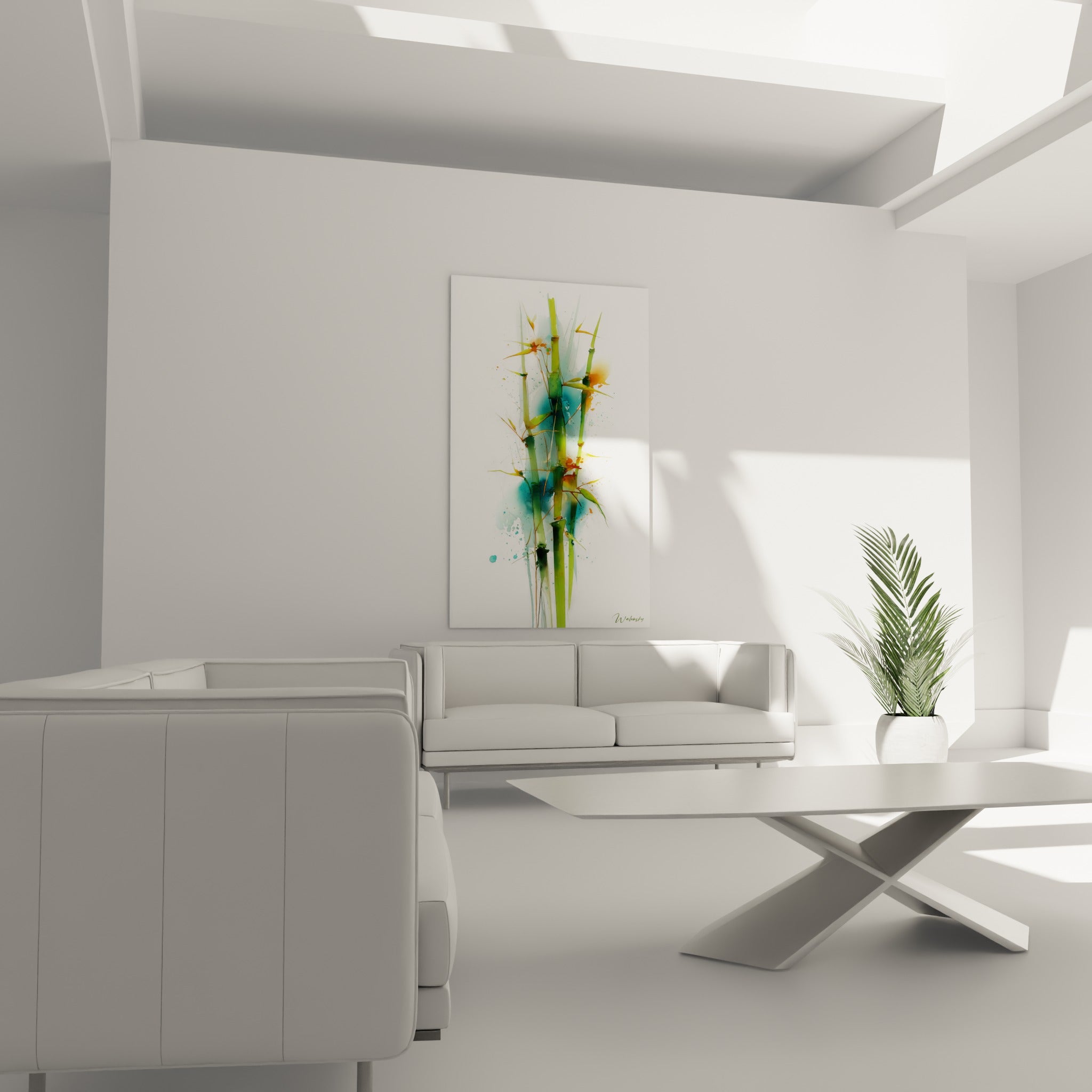 Bambou aux nuances turquoise et dorées au-dessus d'un canapé dans un salon lumineux