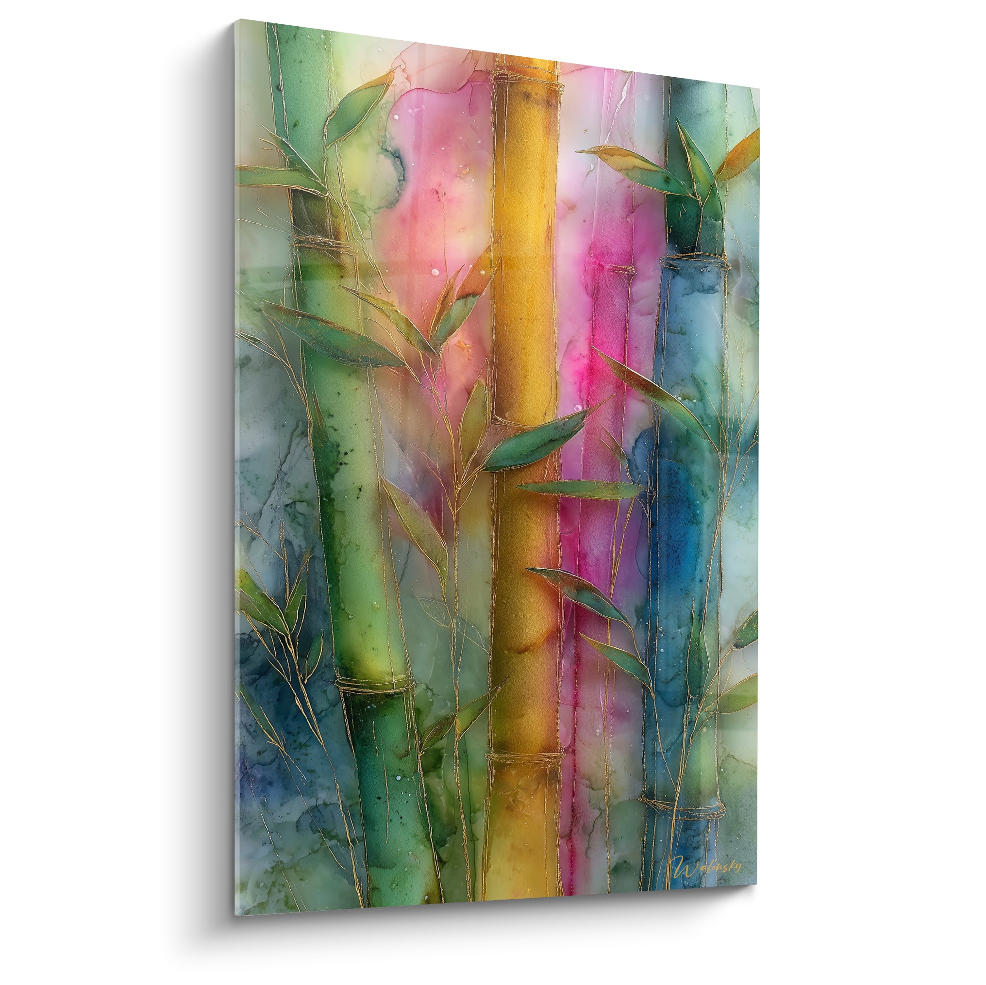 Bambou aux tiges dorées, roses et vertes traitées en aquarelle fluide et lumineuse