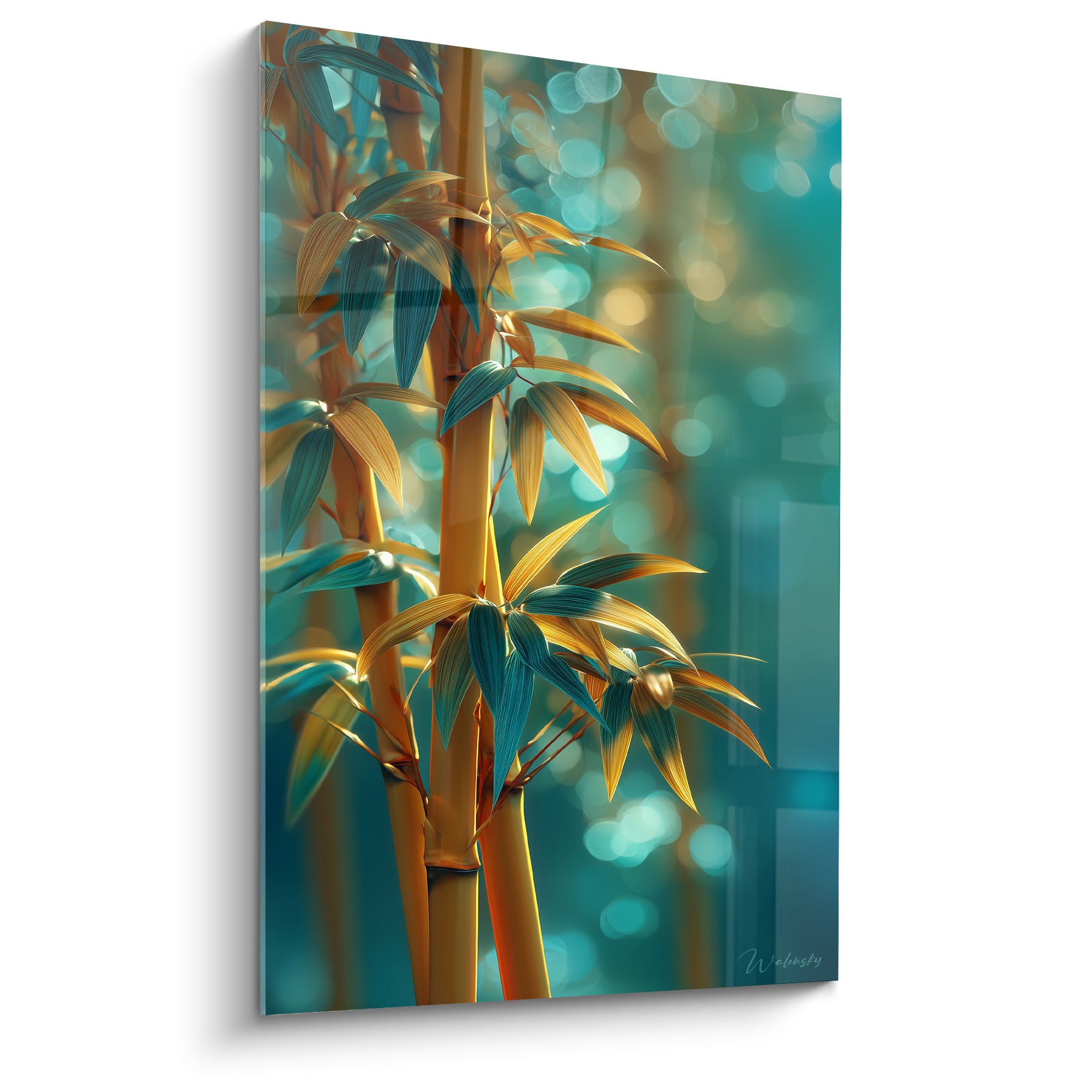 Bambou doré aux feuilles turquoise se détachant sur un fond flou lumineux et scintillant