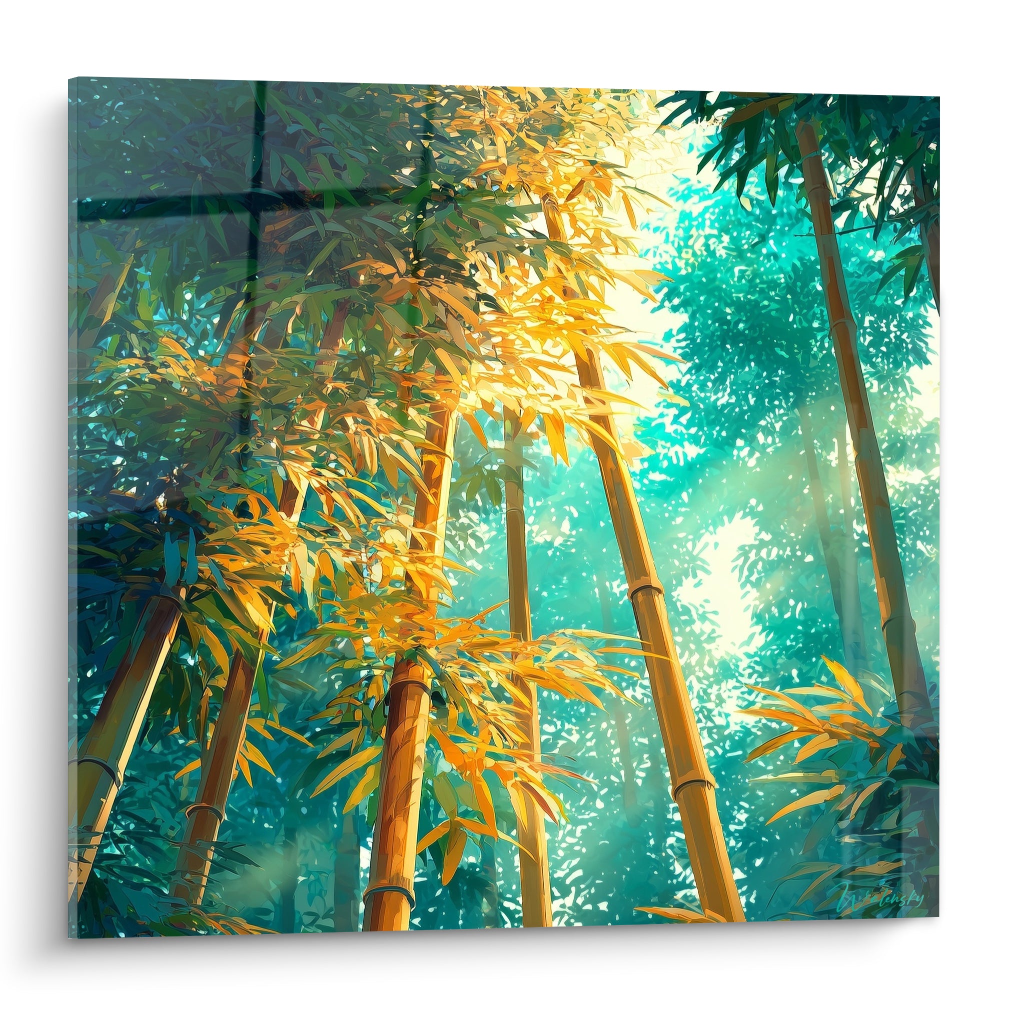 Tiges de bambou dorées et feuillage turquoise s'élevant vers une lumière blanche filtrée