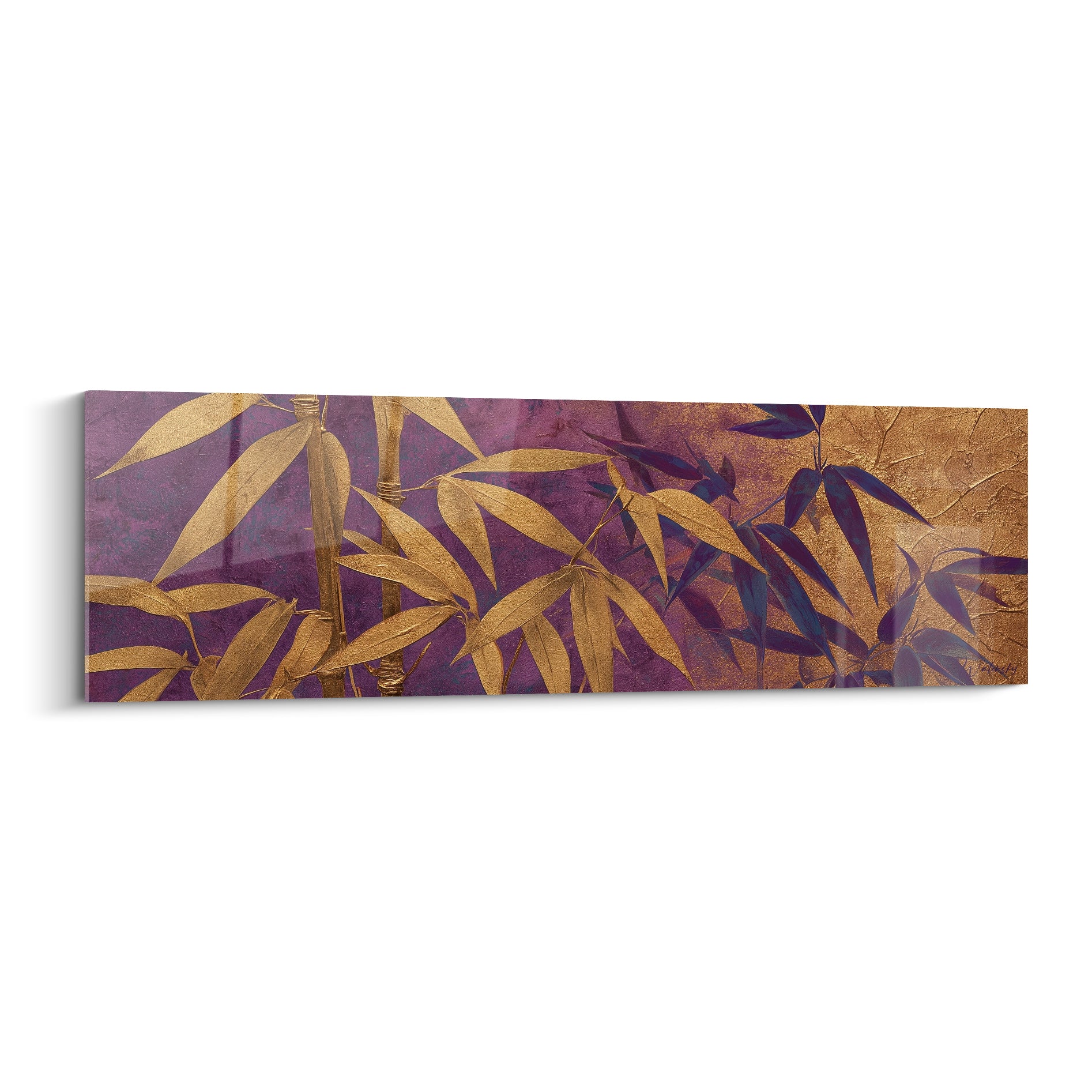 Tableau bambou doré aux feuilles effilées sur fond violet aubergine et ocre texturé
