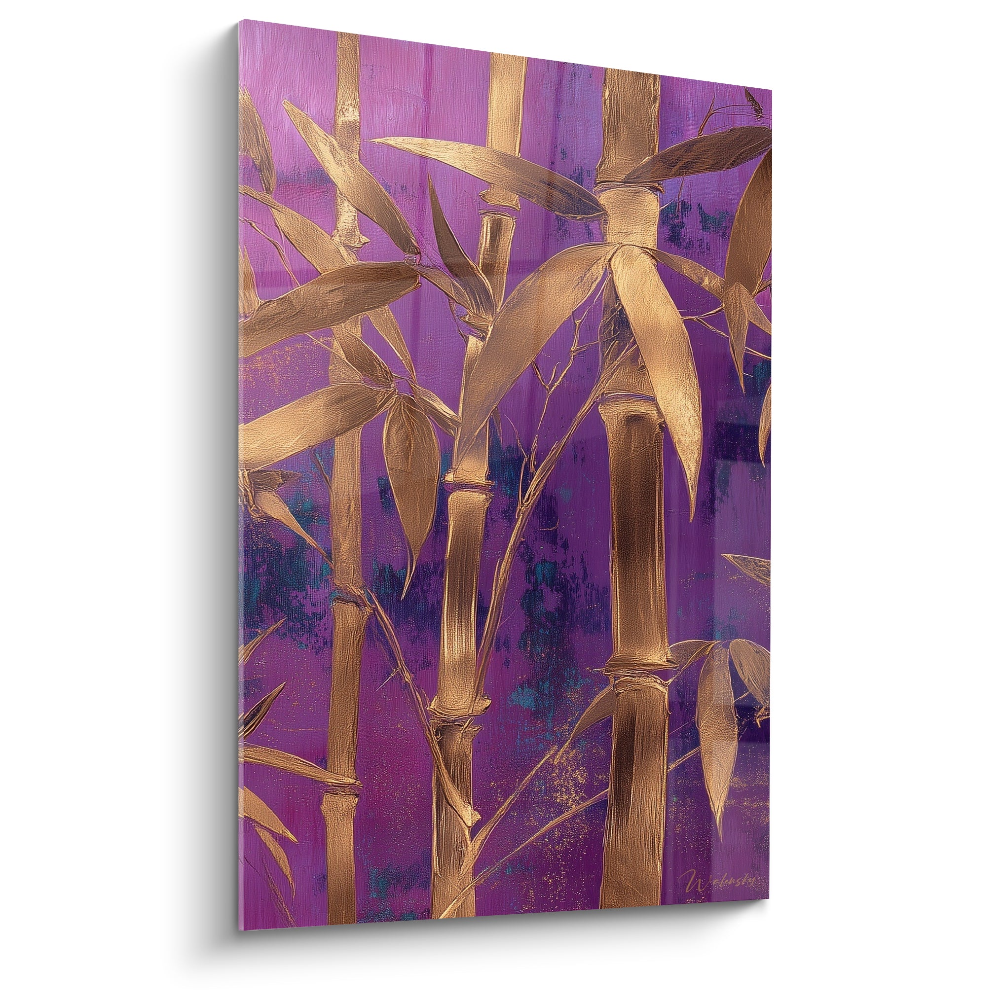 Bambou doré aux feuilles cuivrées se déployant sur fond violet et turquoise profond