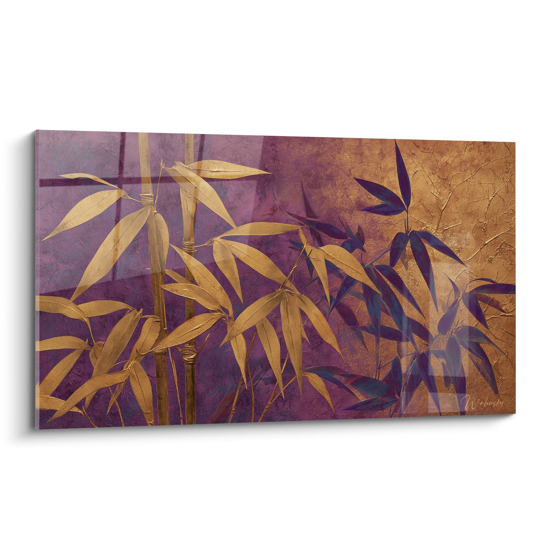 Bambou doré aux feuilles élancées sur fond violet et ocre texturé