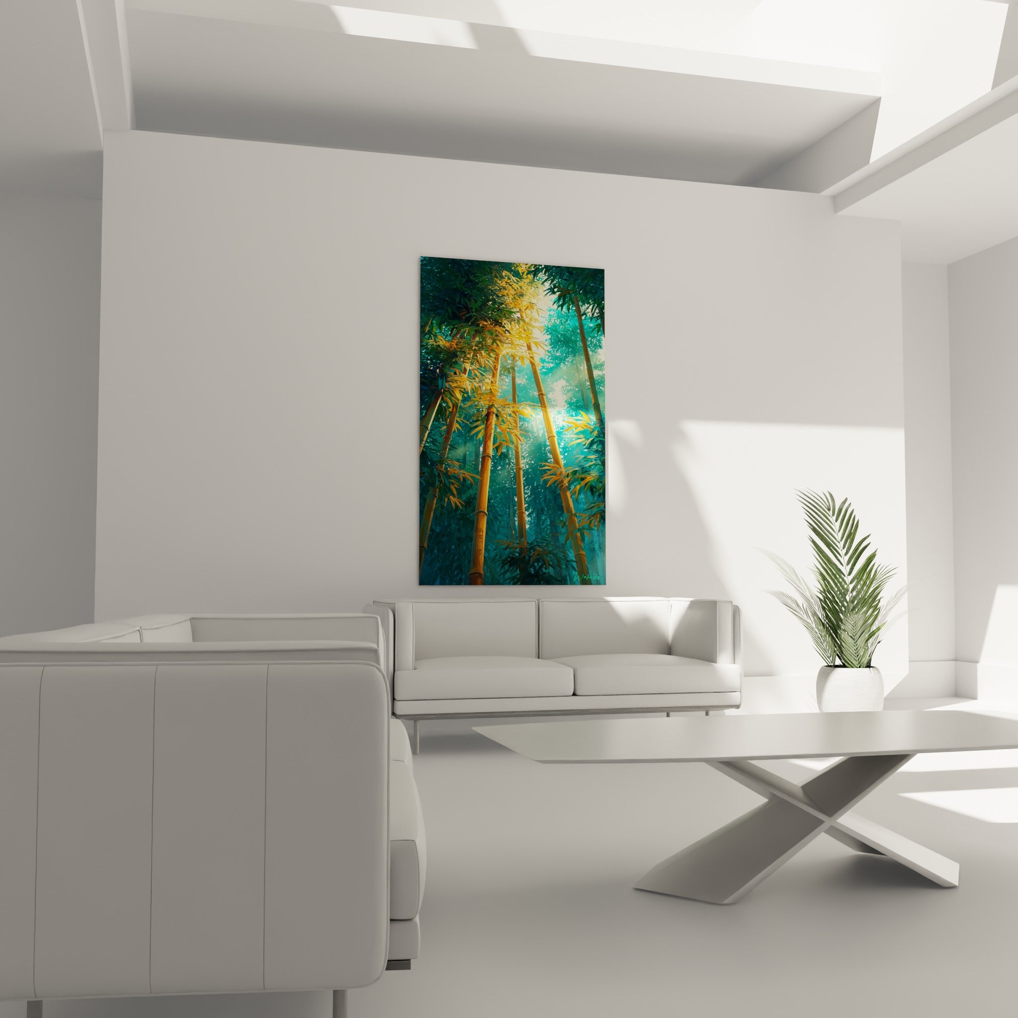 Forêt de bambou ambré et émeraude, accrochée au-dessus d'un canapé dans un salon lumineux