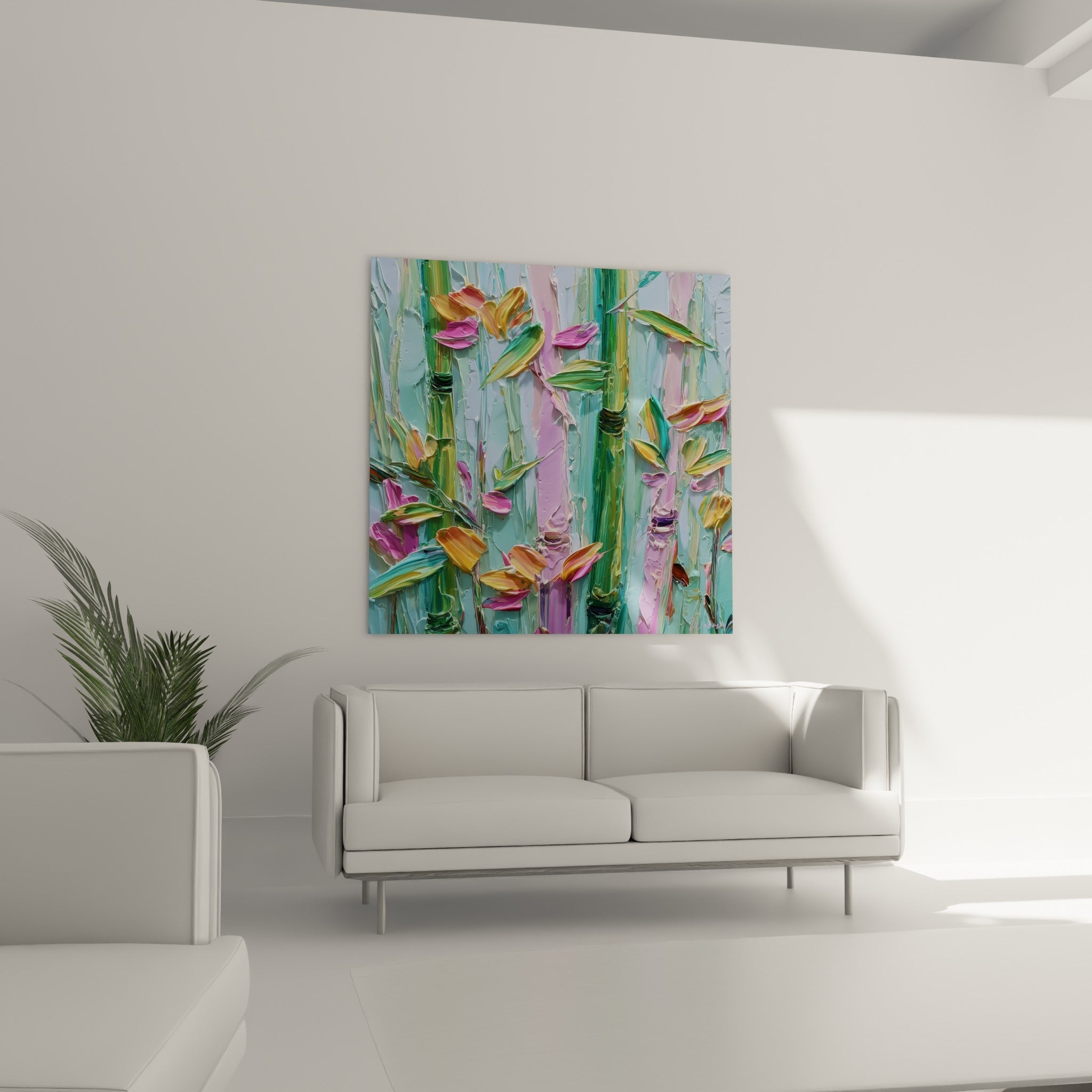 Feuillage de bambou doré et rose, matière sculptée au-dessus d'un canapé dans un salon lumineux