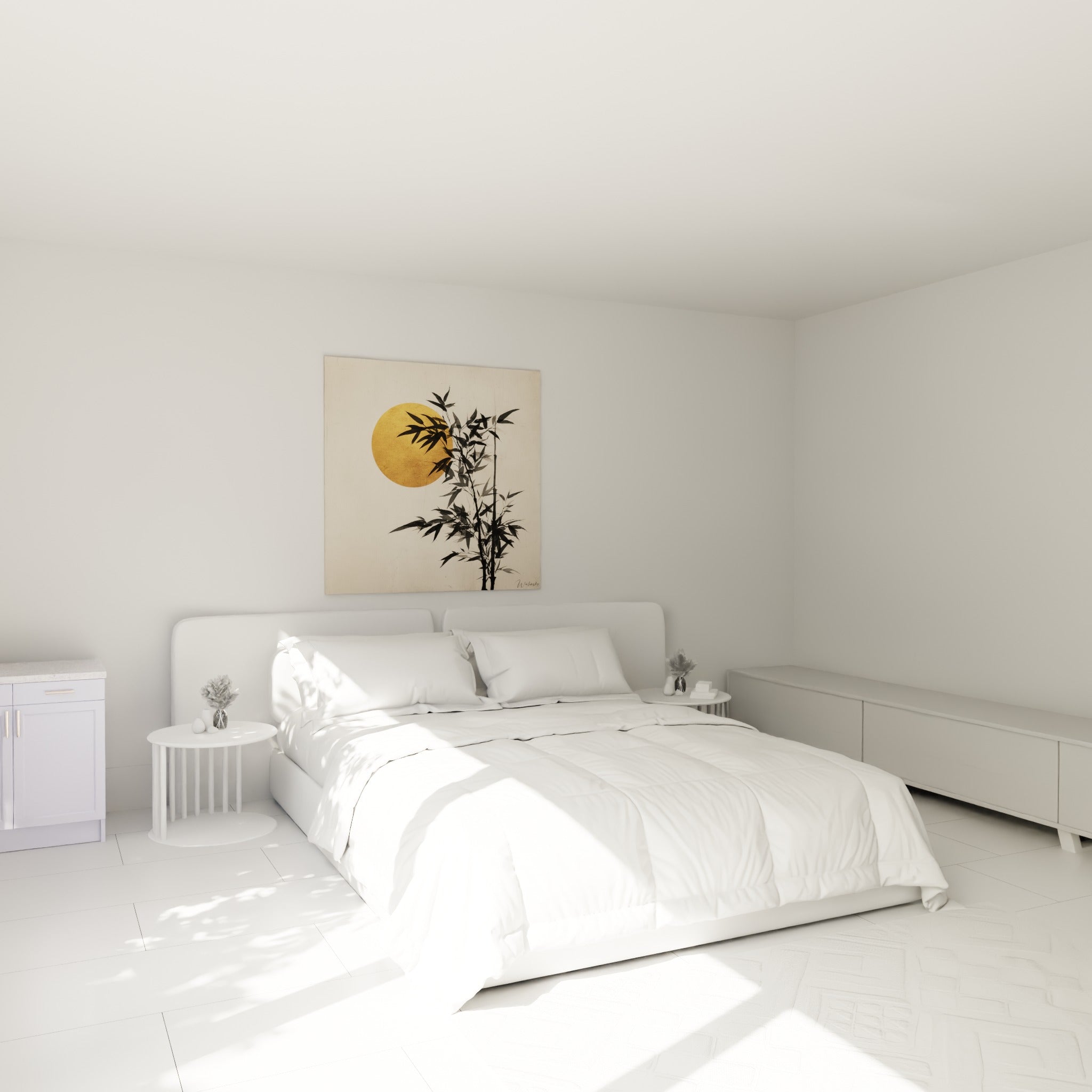 Tiges de bambou noires et soleil doré ornent ce tableau accroché au-dessus d'un lit dans une chambre claire
