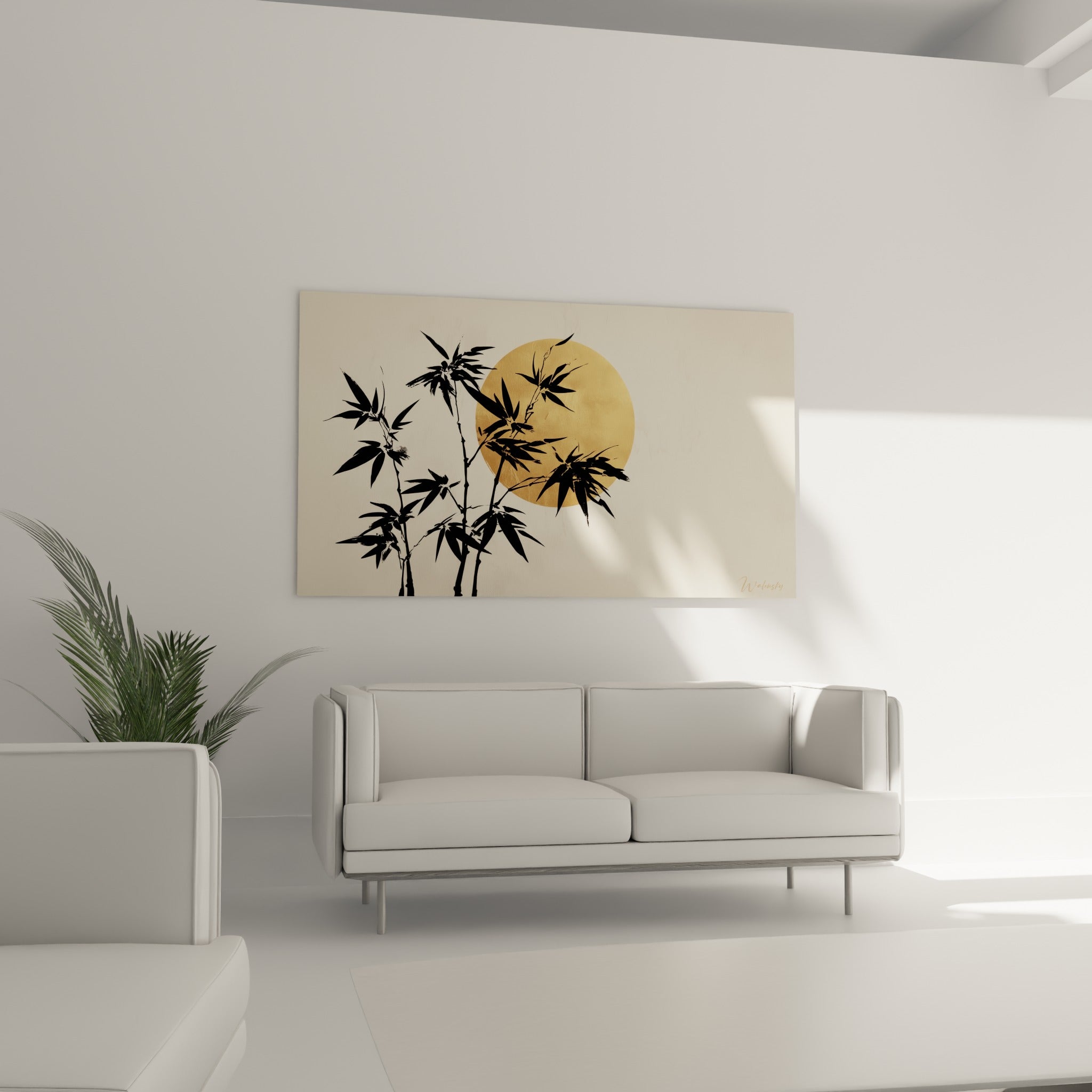 Silhouettes de bambou noir et cercle doré composant une scène épurée, au-dessus d'un canapé dans un salon lumineux