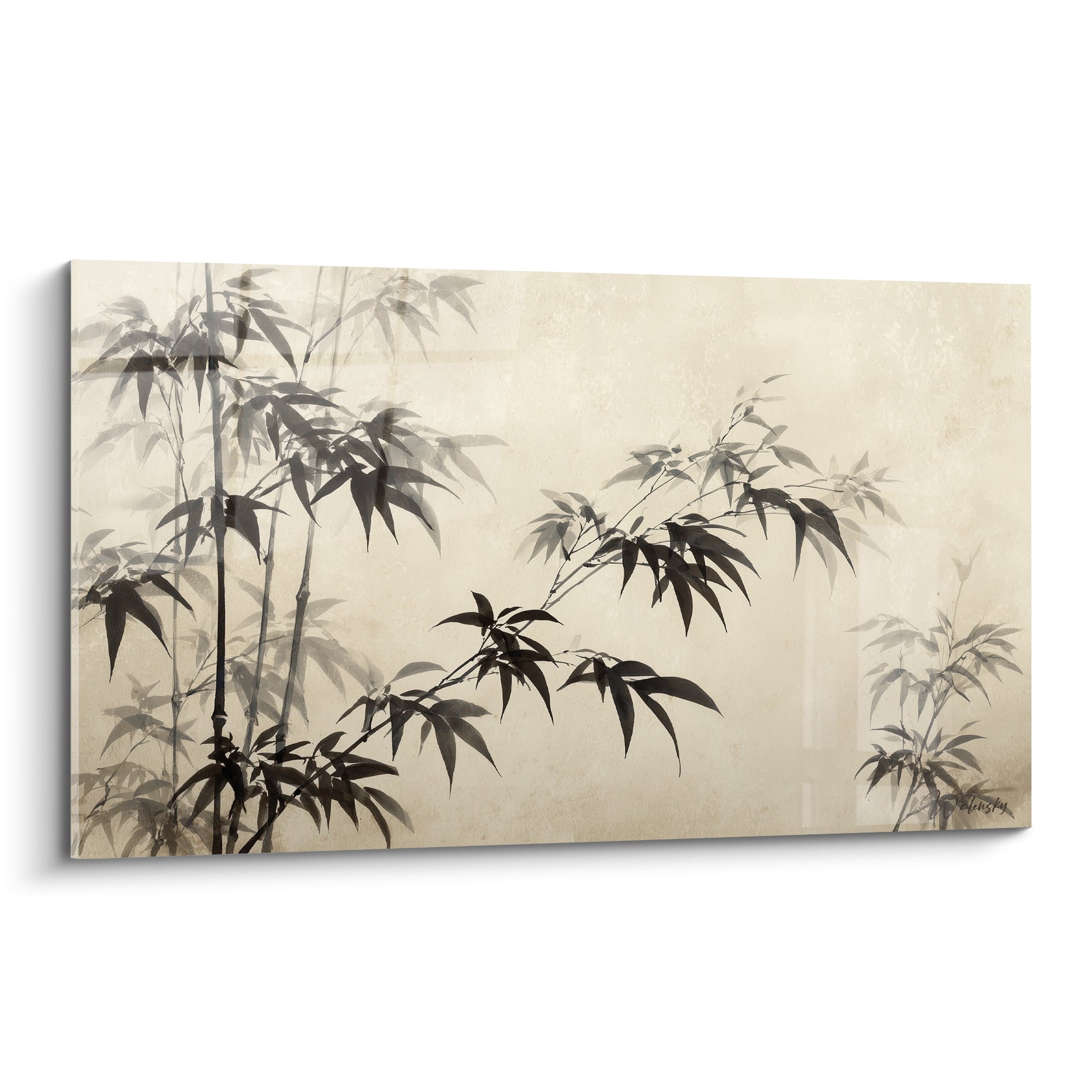 Bambou noir encre sur fond beige sépia, tiges élancées et feuilles effilées en composition asymétrique