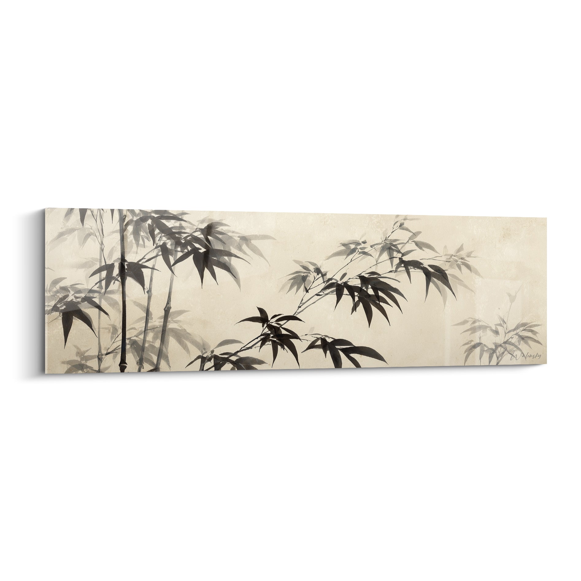 Bambou aux feuilles noires suspendues sur fond ivoire, encre estompée façon calligraphie japonaise