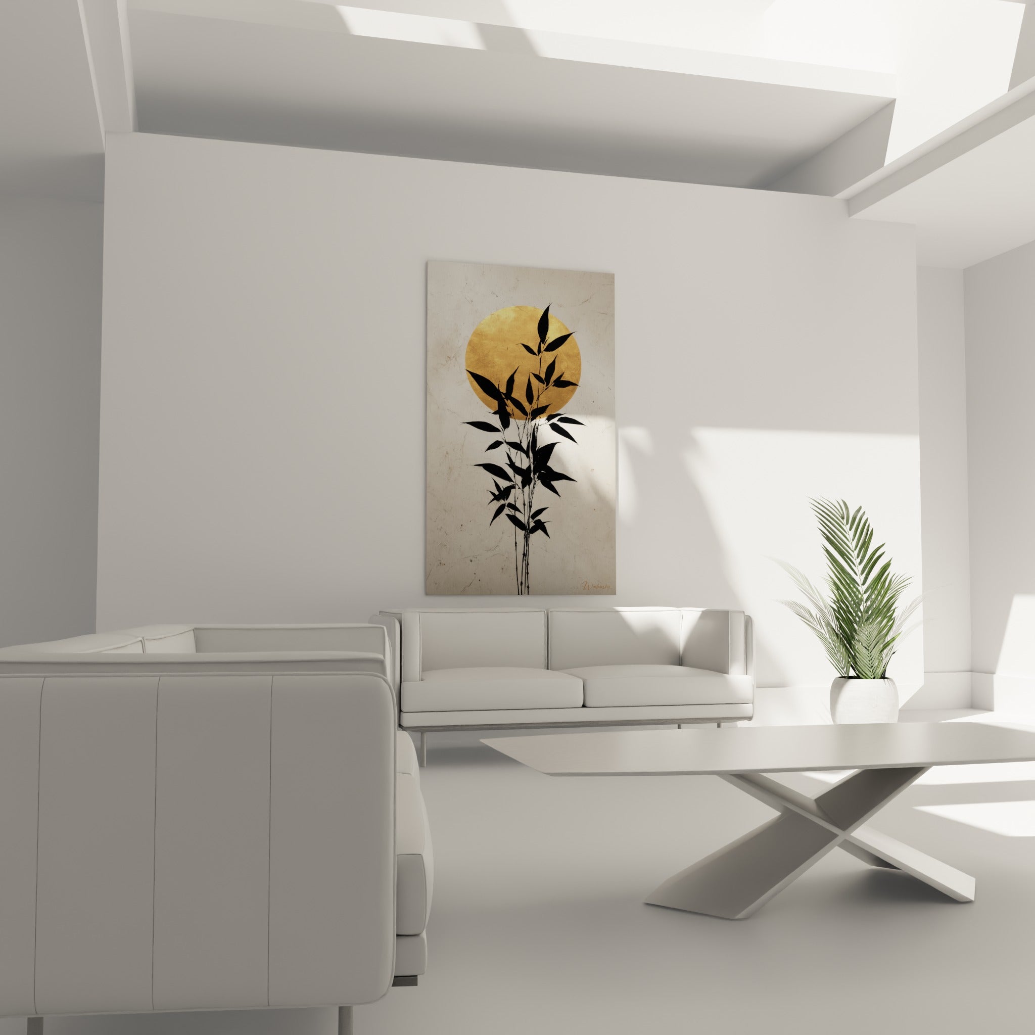 Tiges de bambou noir sous un soleil doré placées au-dessus d'un canapé dans un salon lumineux