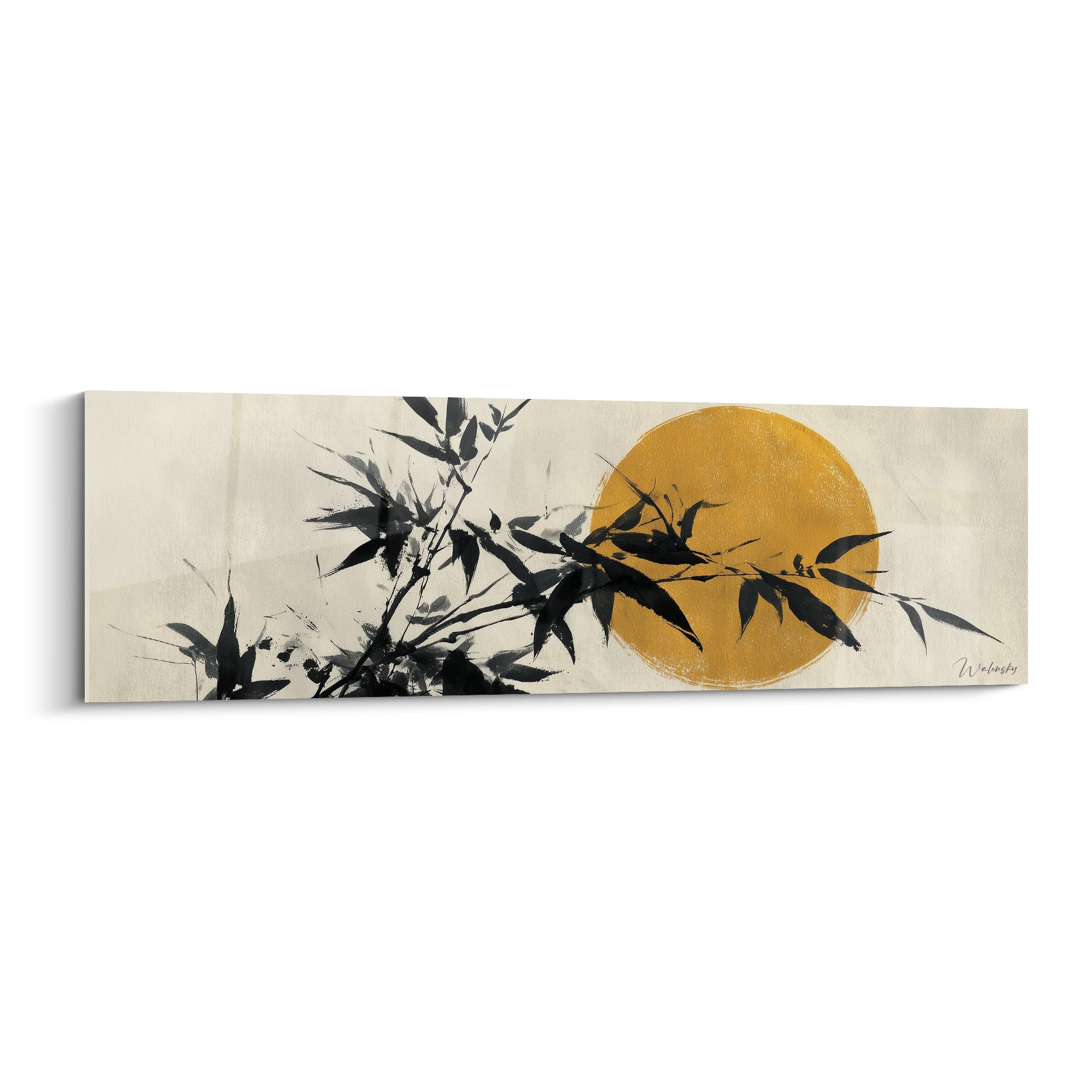 Bambou aux feuilles noires devant un soleil doré, style encre de Chine sur fond ivoire