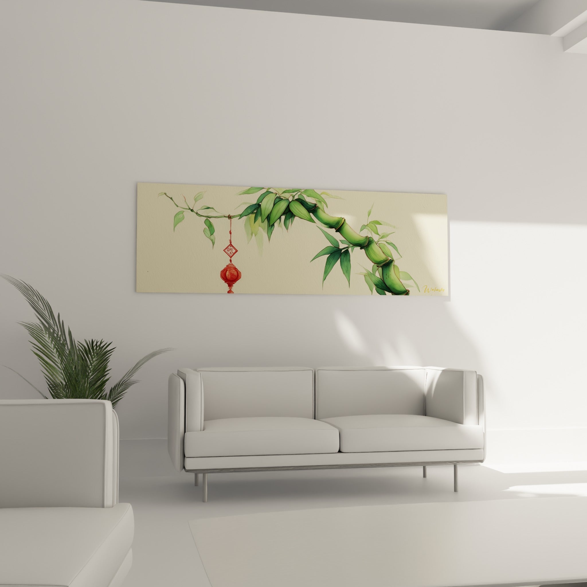 Feuillage vert tendre et pendentif rouge du bambou, au-dessus d'un canapé dans un salon lumineux