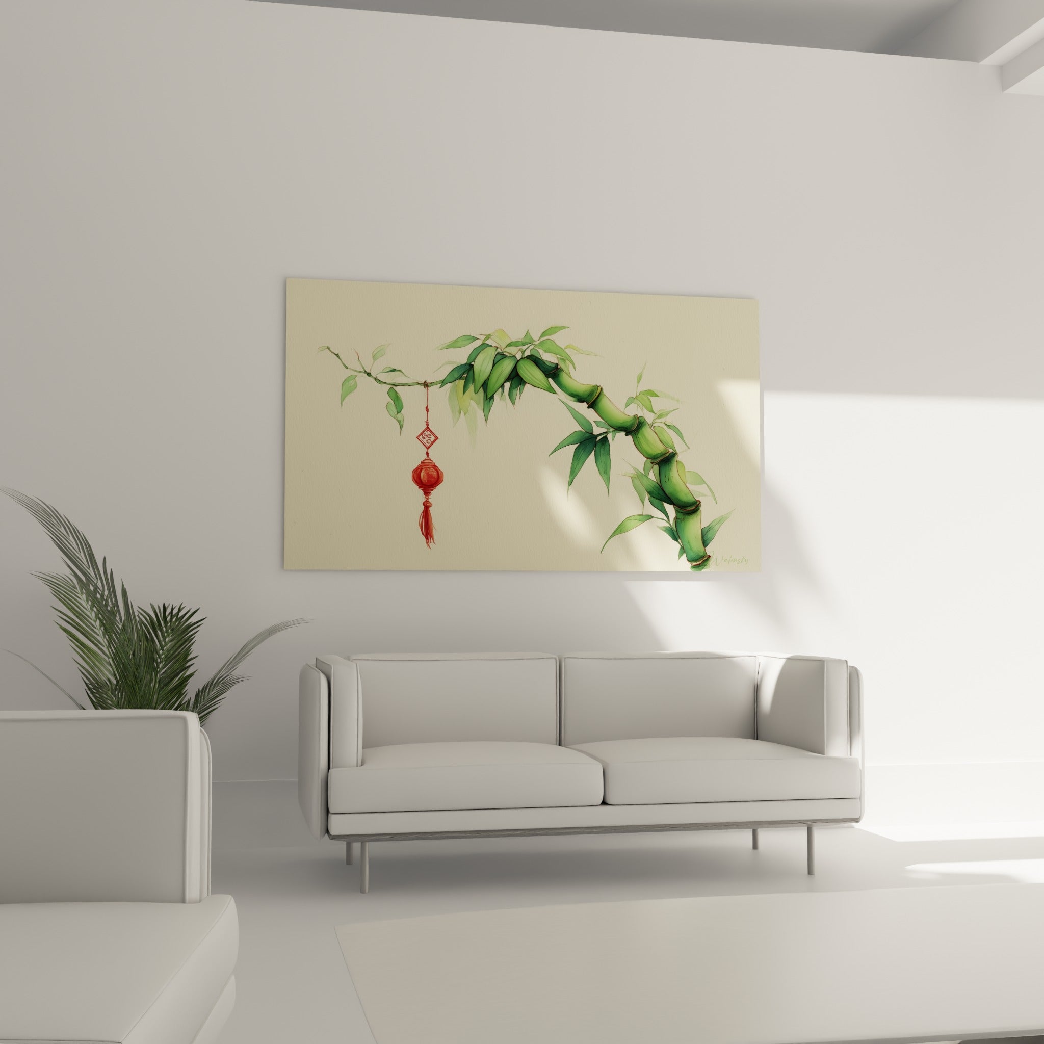Feuillage vert tendre du bambou et pendentif rouge vif au-dessus d'un canapé dans un salon lumineux