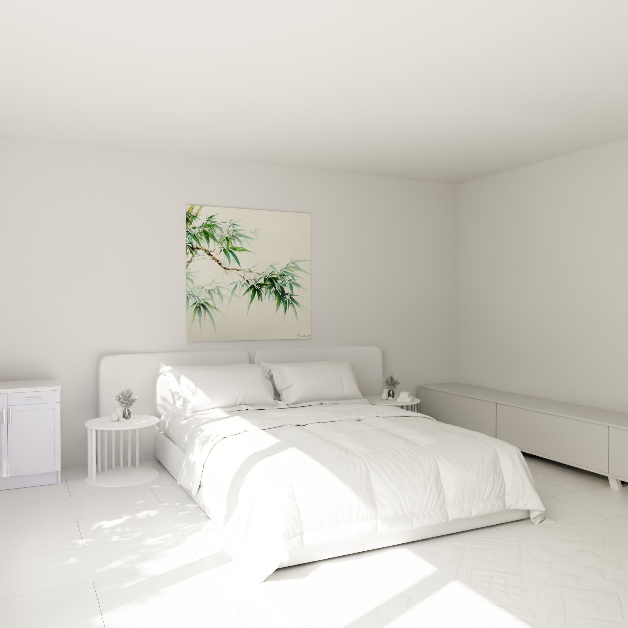 Feuillage de bambou vert et blanc givré peint à l'aquarelle, au-dessus d'un lit dans une chambre claire