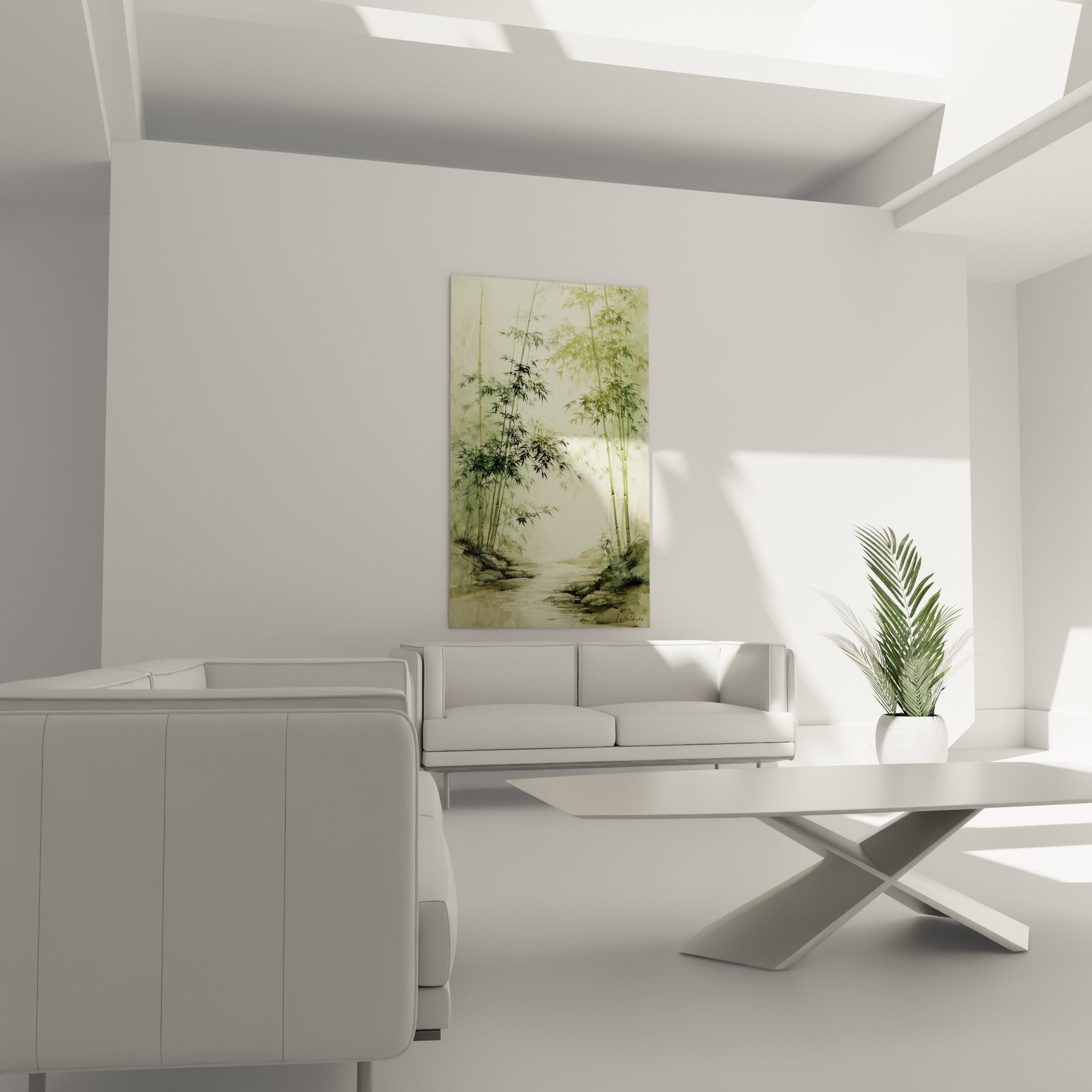 Tiges de bambou vert profond et beige encadrant un ruisseau, au-dessus d'un canapé dans un salon lumineux
