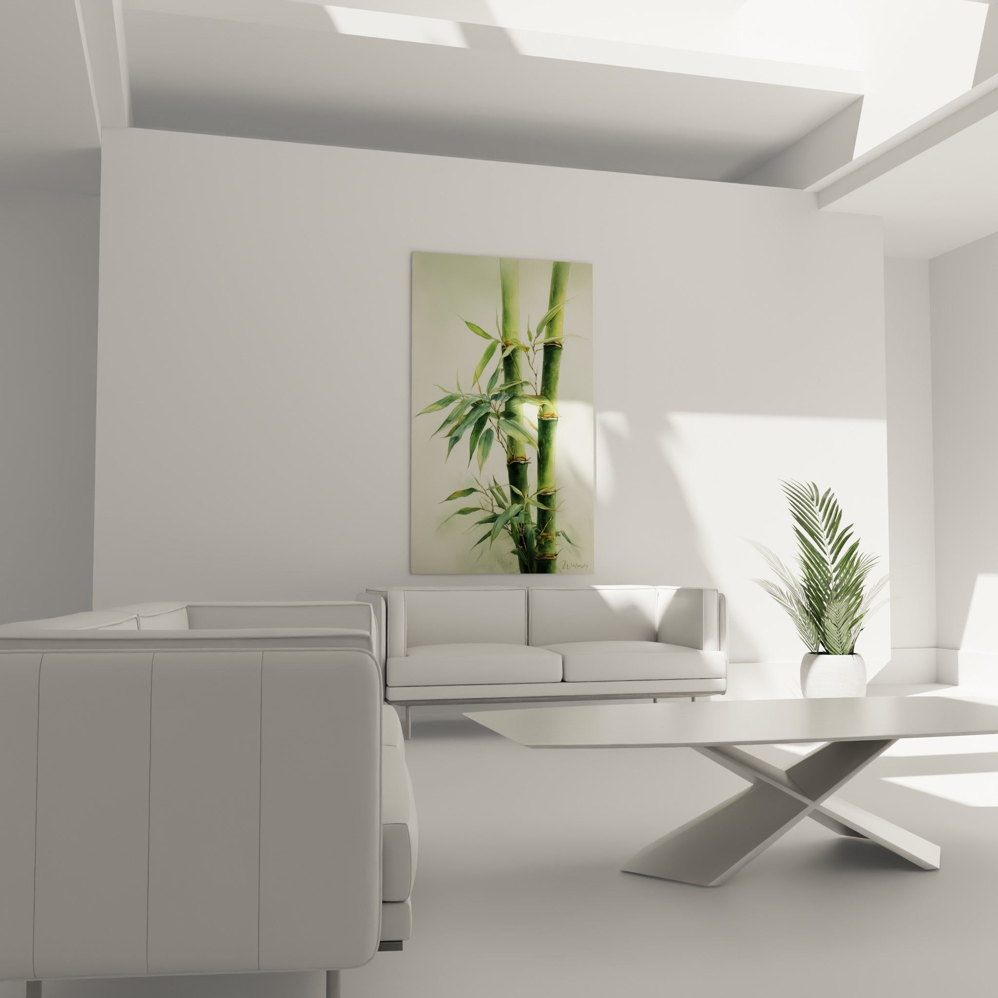 Bambou vert tendre et crème disposé au-dessus d'un canapé dans un salon lumineux