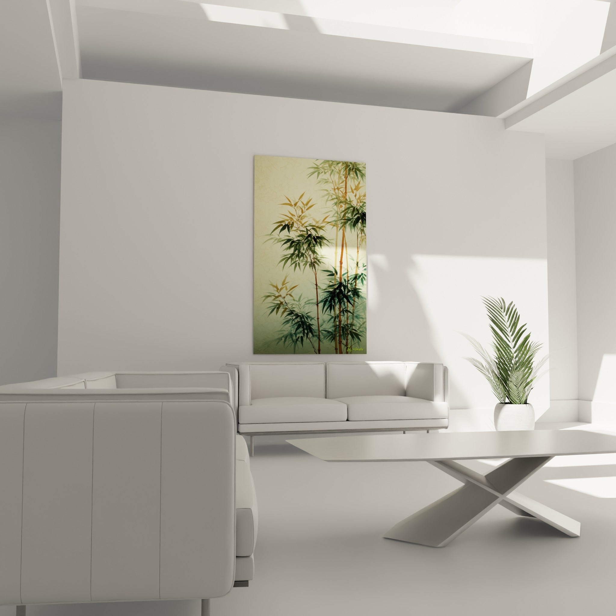 Bambou vert sauge et beige aux tiges élancées au-dessus d'un canapé dans un salon lumineux
