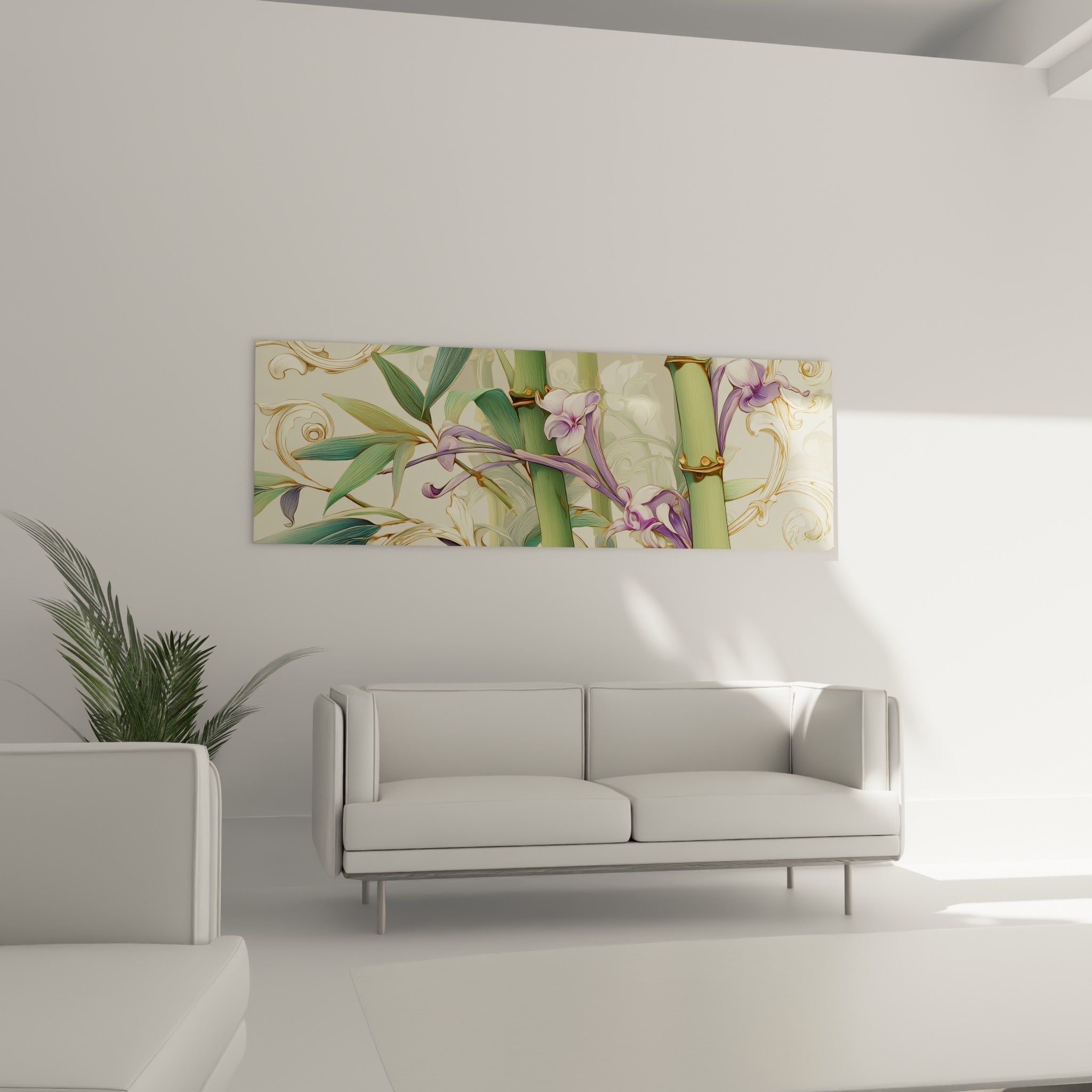 Fleurs mauves délicates parmi le bambou doré au-dessus d'un canapé dans un salon lumineux